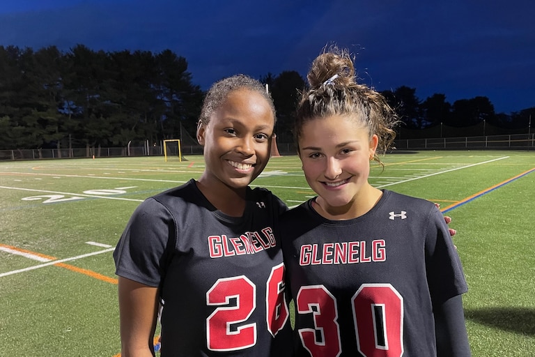 Glenelg midfielder Kamryn Henson (26) scored seven goals and goalie Emily Altshuler (30) made seven saves as the No. 7 Gladiators rolled past No. 15 Mount Hebron, 15-1, Wednesday night to win their third straight Howard County girls lacrosse championship. The Gladiators finished unbeaten in the county for the third straight season.