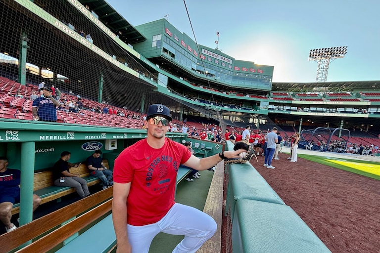 Adley Rutschman, whom the Orioles traded to the Red Sox on Monday, poses in the dugout at Fenway Park on Tuesday.