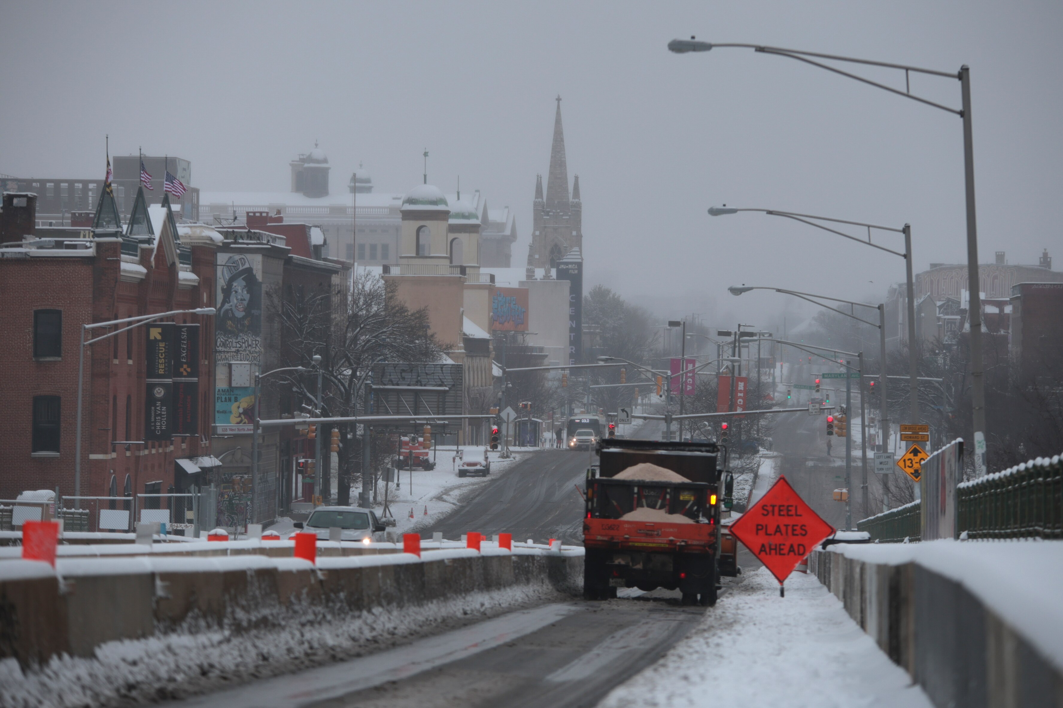 Snow along North Avenue in Baltimore, MD, on Jan. 6, 2025.