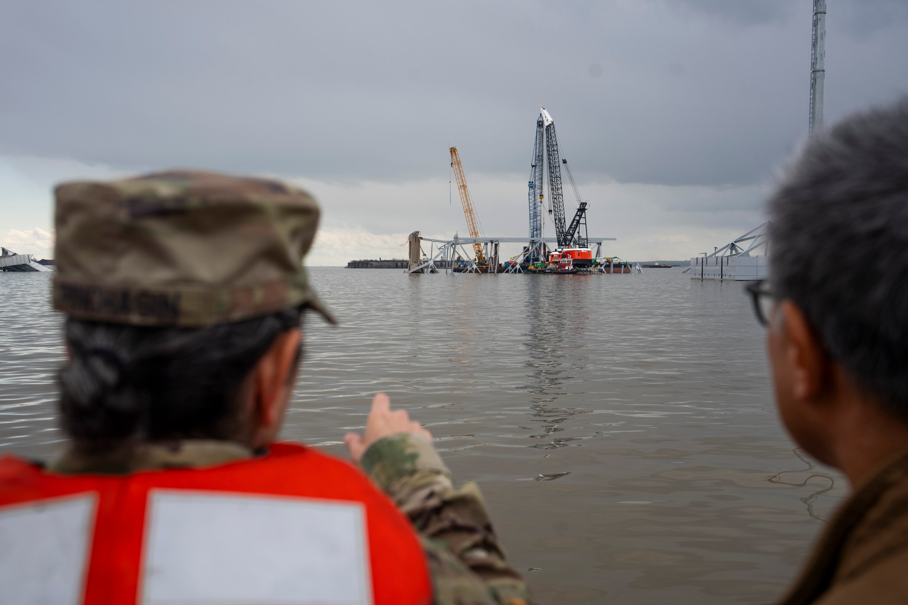 Colonel Estee S. Pinchasin explains what is happening on the water surrounding the collapse on April 4, 2024 while on board the debris vessel The Reynolds.
