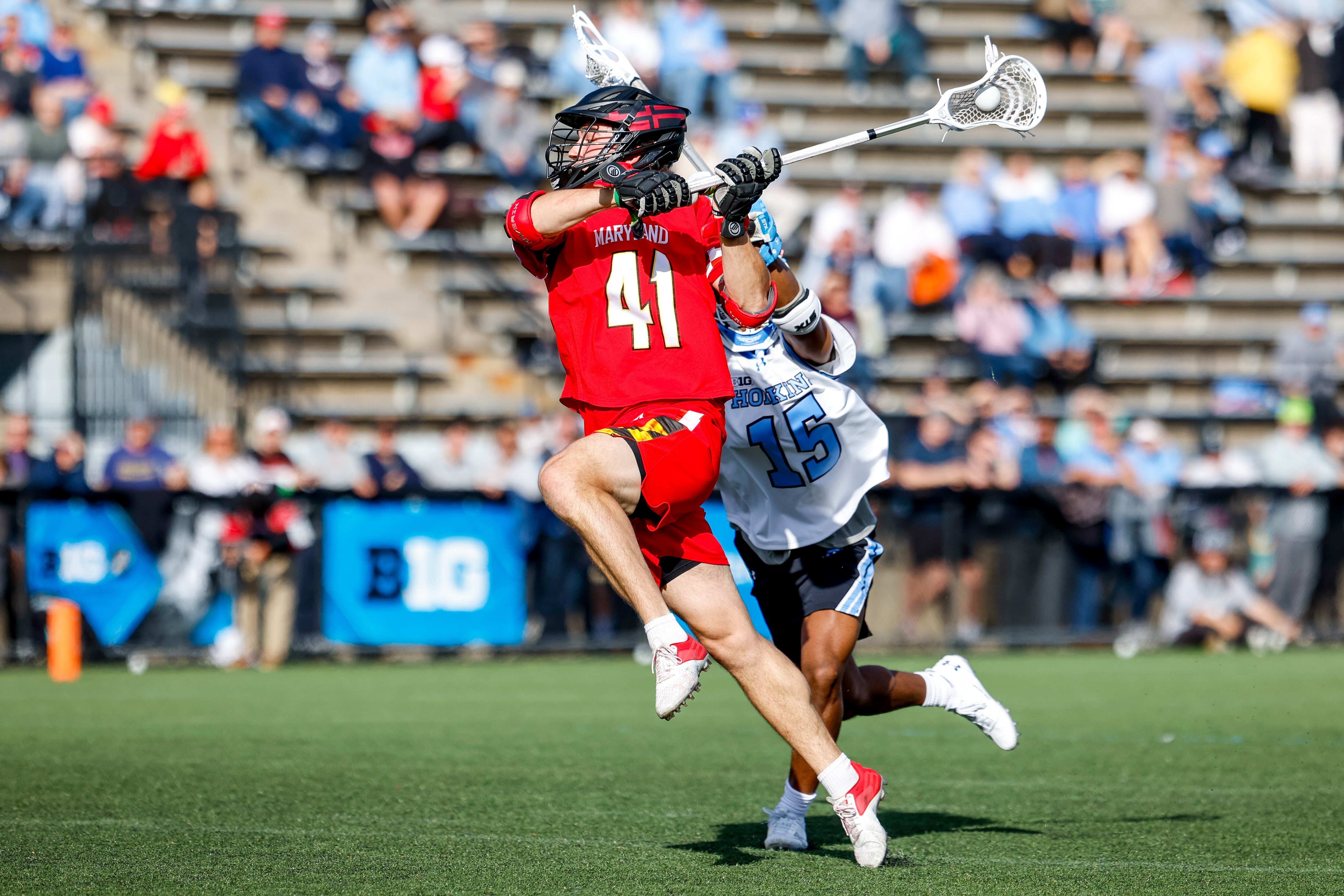 Jack Brennan (41) of the #7 Maryland Terrapins plays against #5 Johns Hopkins in the Big Ten Tournament Semifinal at Homewood Stadium in Baltimore, MD on Thursday, May 4, 2023.