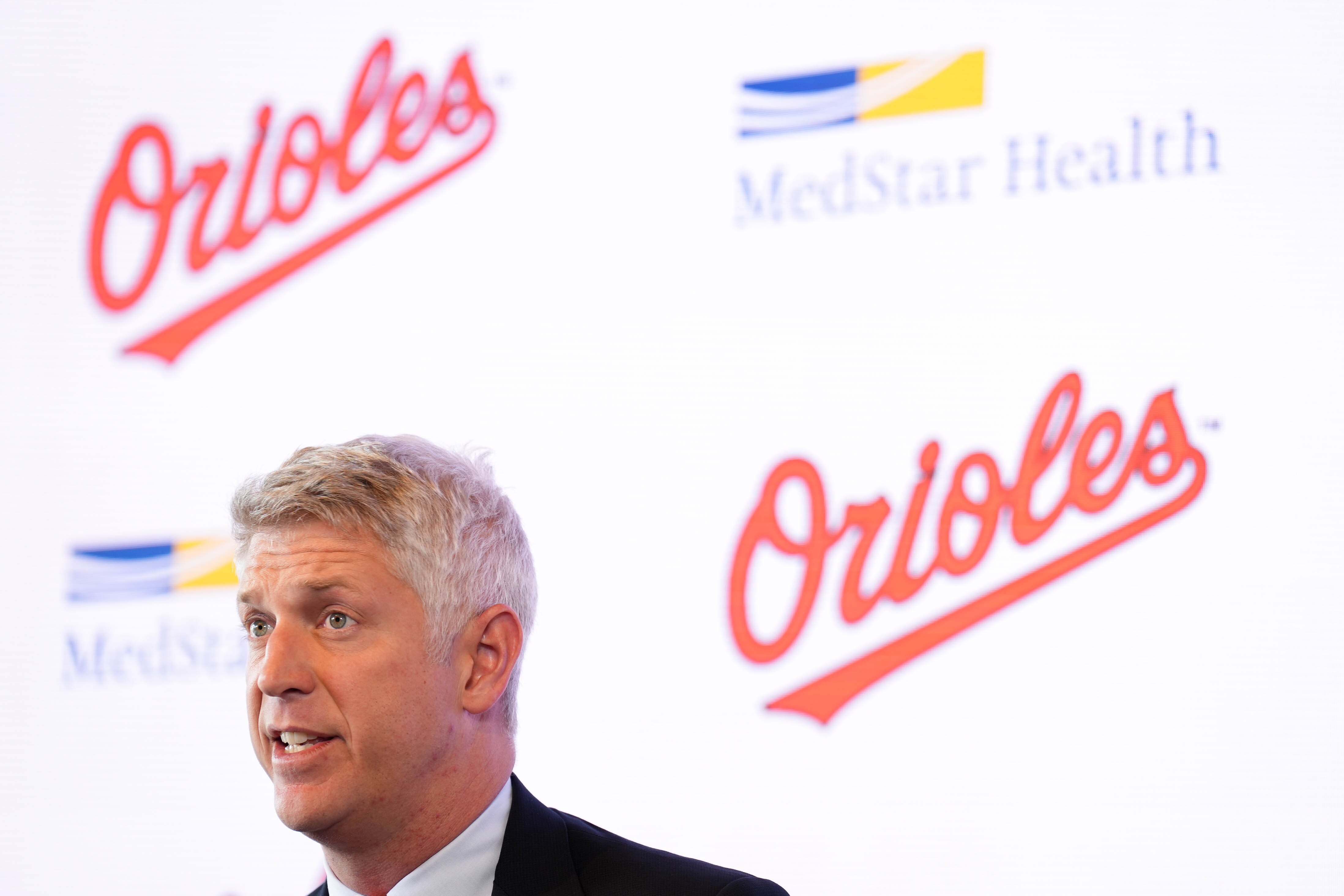 Mike Elias, Baltimore Orioles President of Baseball Operations, takes questions from reporters at the team’s end of season press conference at Oriole Park at Camden Yards in Baltimore, Md., on Monday, Sept. 29, 2025.