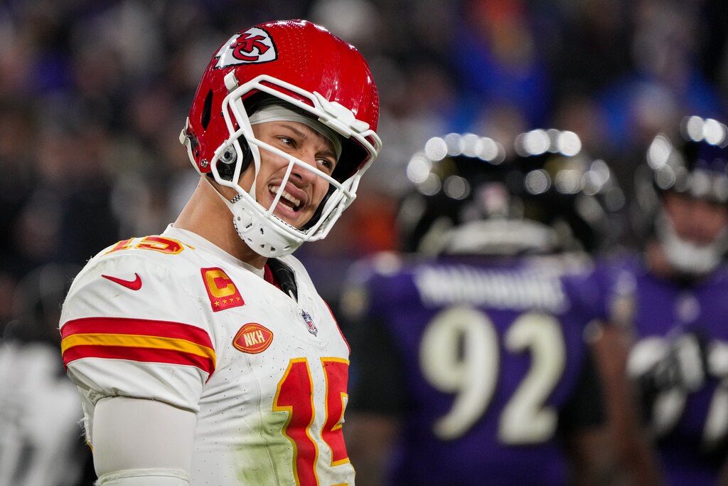 Kansas City Chiefs quarterback Patrick Mahomes (15) reacts to the sideline between plays during the AFC Championship game against the Baltimore Ravens at M&T Bank Stadium on January 28, 2024. The Chiefs beat the Ravens, 17-10, to advance to the Super Bowl.
