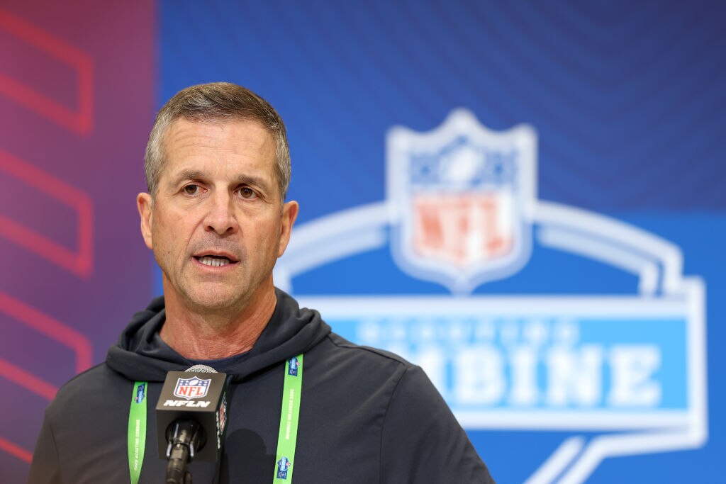 Ravens head coach John Harbaugh speaks to the media during the NFL Scouting Combine at the Indiana Convention Center on Tuesday.