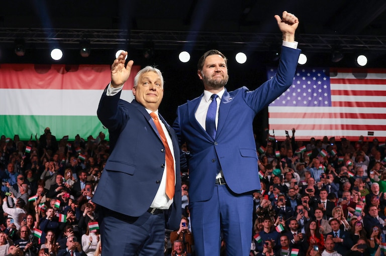 BUDAPEST, HUNGARY - APRIL 7: U.S. Vice President JD Vance (R) and Hungarian Prime Minister Viktor Orban appear on stage together during the Day of Friendship event at MTK Sportpark on April 7, 2026 in Budapest, Hungary. Vance is supporting Orban's bid for reelection in Hungarian parliamentary elections scheduled for April 12.