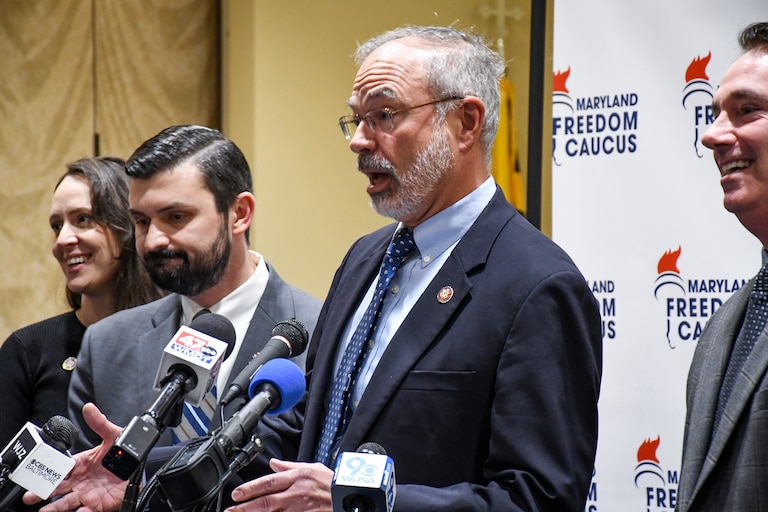 U.S. Rep. Andy Harris speaks during a press conference hosted by the Maryland Freedom Caucus in Annapolis on Thursday, Feb. 13, 2025. Harris is the only Republican member of Congress from Maryland and chairs the U.S. House Freedom Caucus.