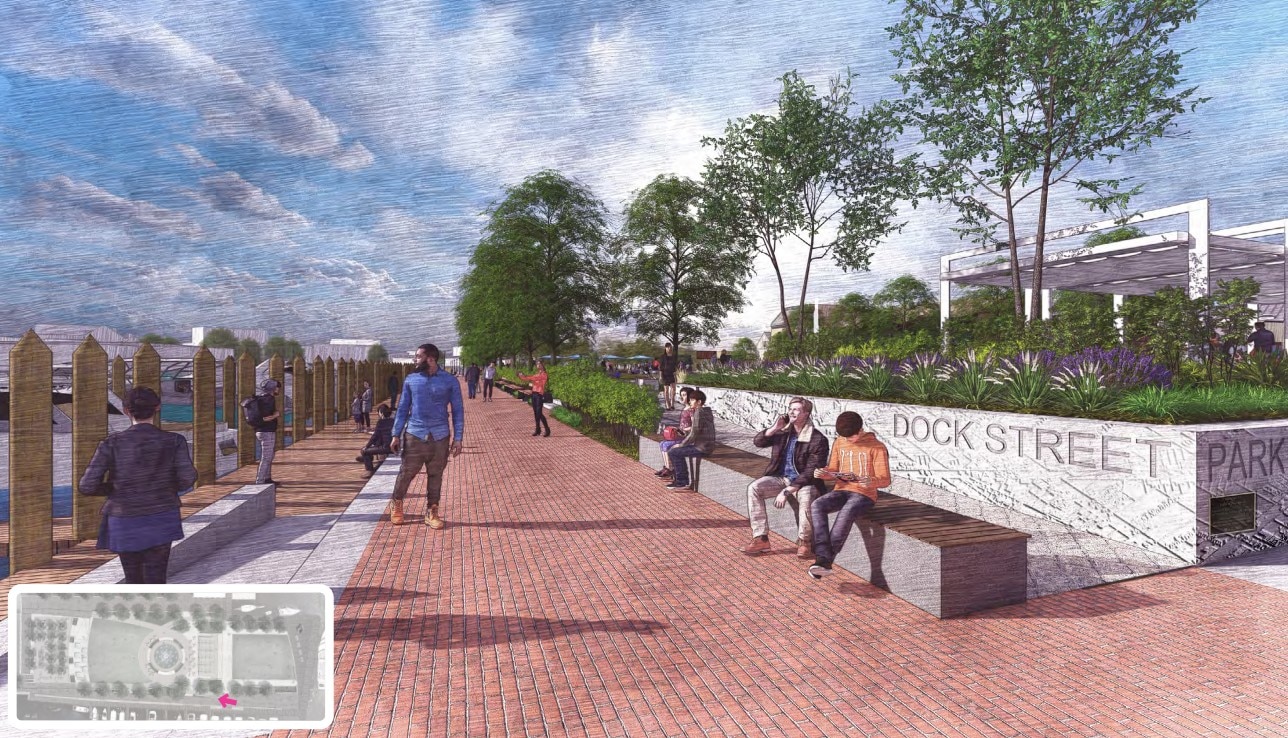 The latest plans for remaking City Dock include wider promenades, and raised area of grass to absorb and block flooding.