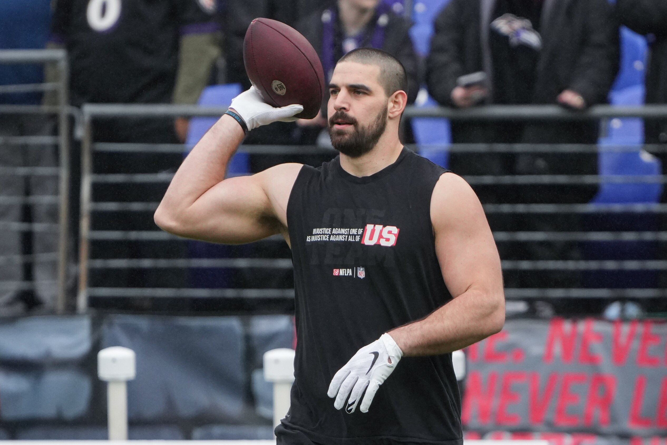 Ravens tight end Mark Andrews warms up before the AFC championship game Sunday.