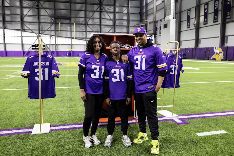 The Jackson family, from left: Ebbony, Kolston and Raymond, in Minnesota Vikings gear. The team drafted Khyree Jackson in the 2024 NFL Draft but he died months later in a vehicle collision in Upper Marlboro.