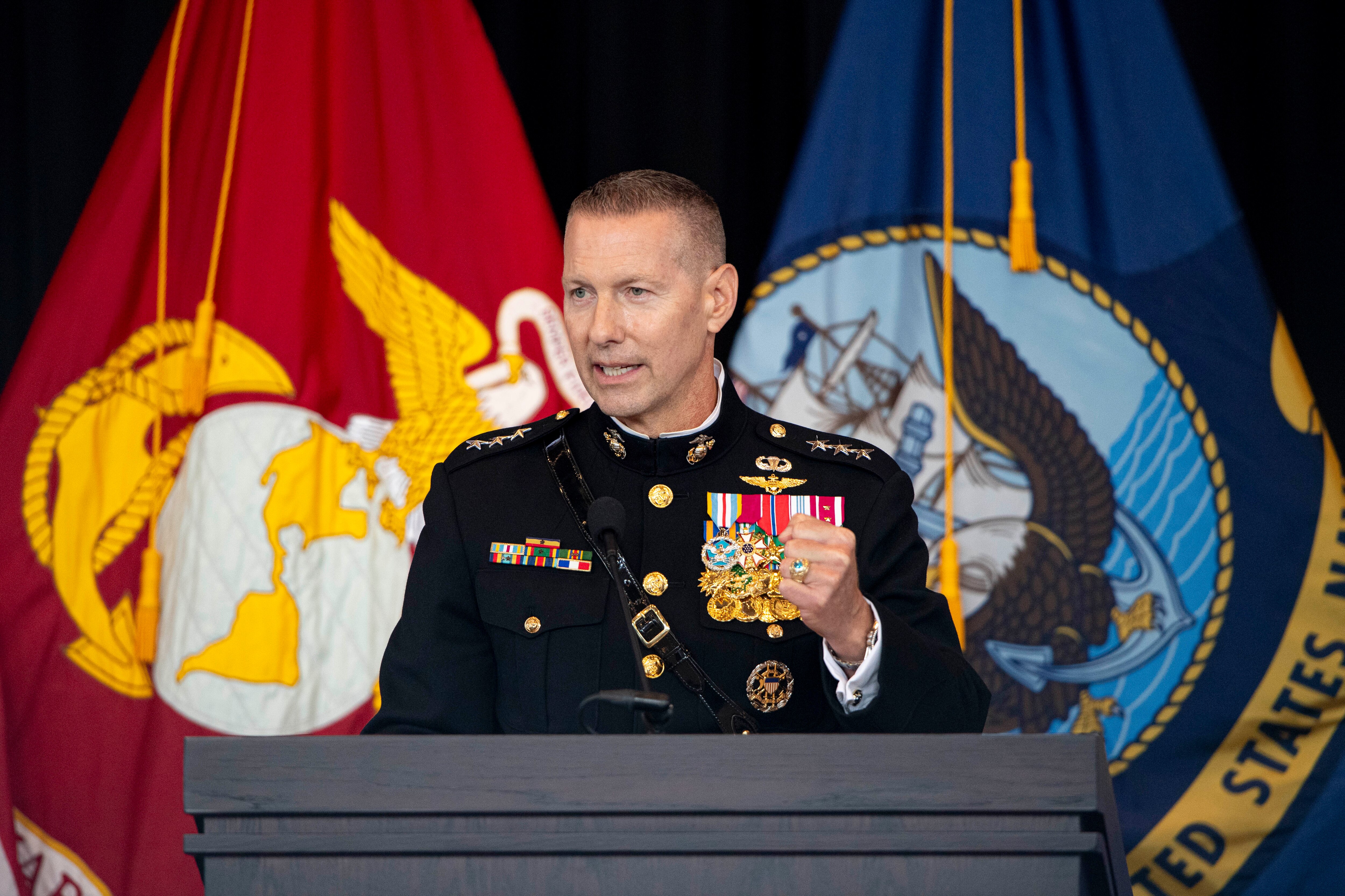Lt. Gen. Michael J. Borgschulte addresses attendees at the Naval Academy Superintendent’s Change of Command ceremony in Annapolis on Friday.