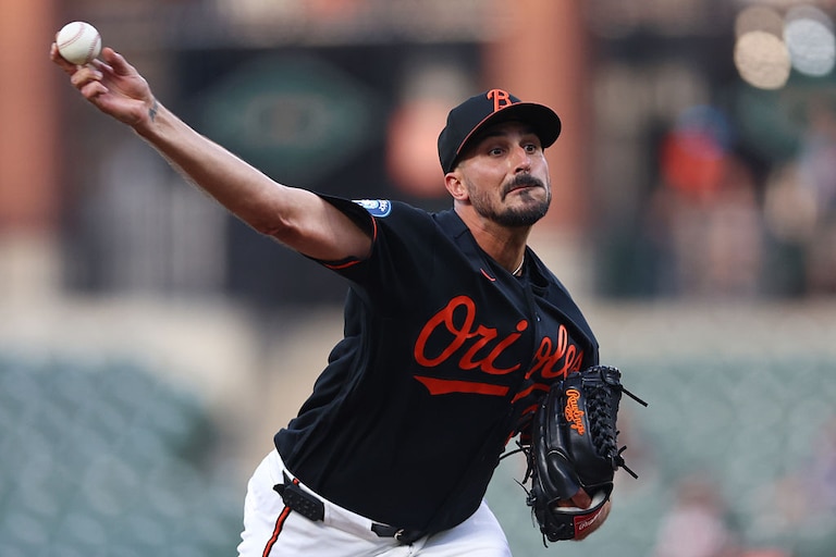 Orioles starting pitcher Zach Eflin pitches in the first inning against the Texas Rangers on March 31.