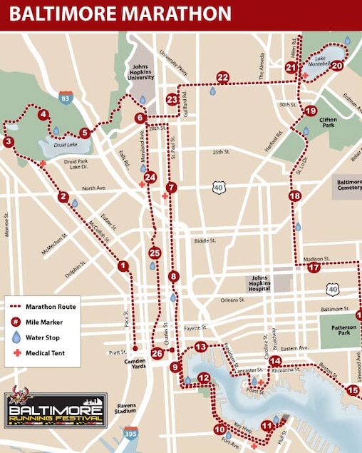 Marathon route for the 2026 Baltimore Running Festival.