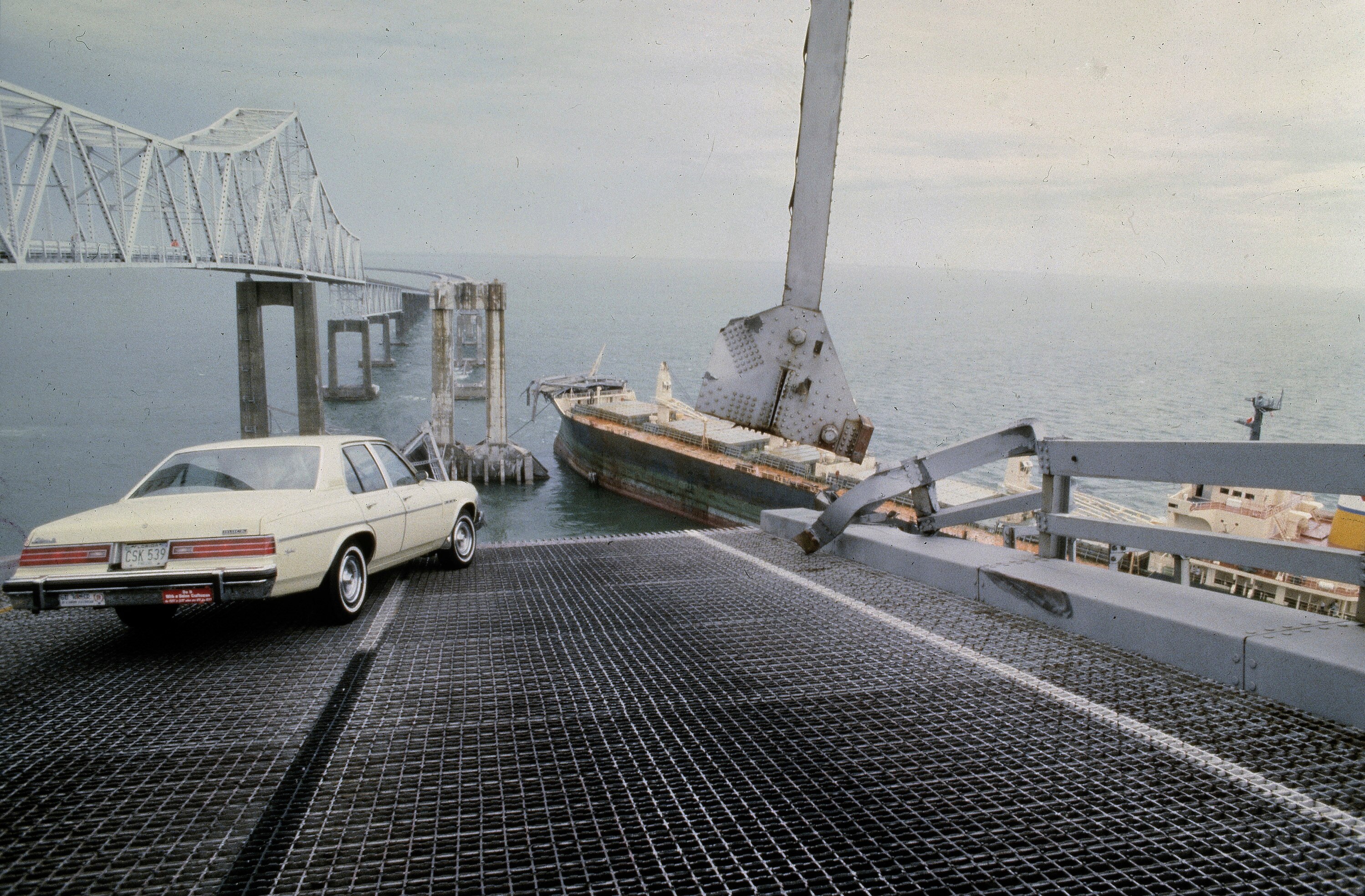 A car is halted at the edge of the Sunshine Skyway Bridge across Tampa Bay, Fla., after the freighter Summit Venture struck the bridge during a thunderstorm and tore away a large part of the span, May 9 1980.  A container ship struck a major bridge in Baltimore early Tuesday, March 26, 2024,  causing it to plunge into the river below. From 1960 to 2015, there have been 35 major bridge collapses worldwide due to ship or barge collision.