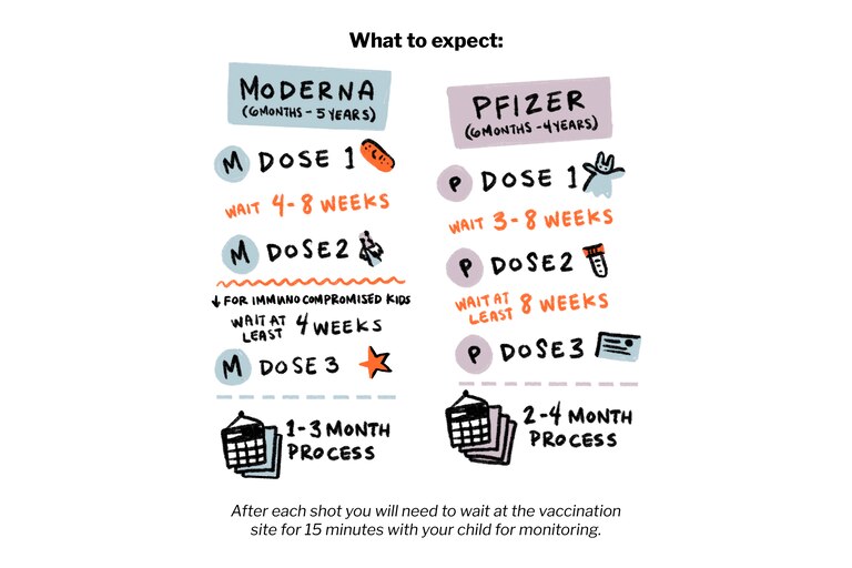 The Moderna vaccine has two doses four to eight weeks apart, with a third dose for immunocompromised kids. The Pfizer vaccine has three doses, three to eight weeks apart.