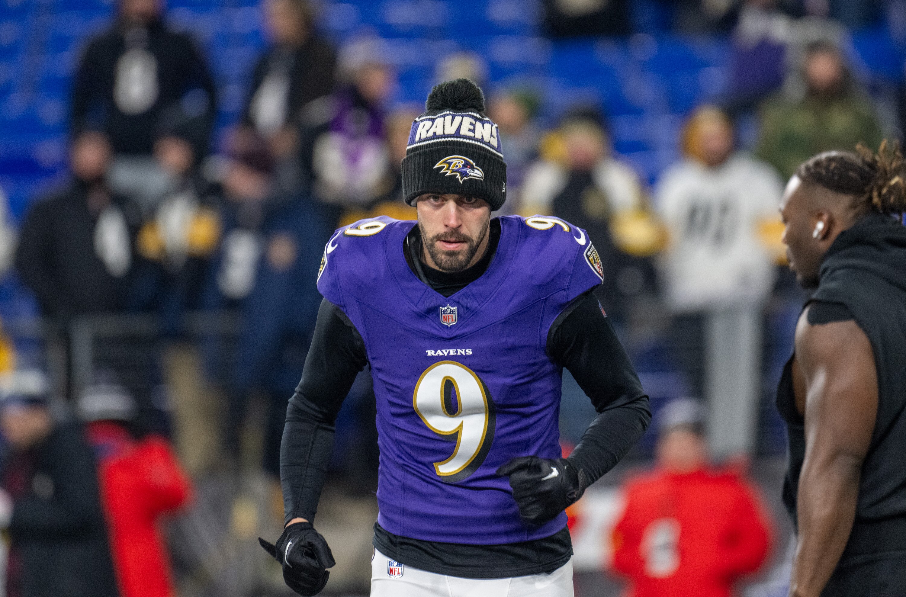 Justin Tucker warms up prior to the Ravens’ AFC wild-card game Jan. 11.