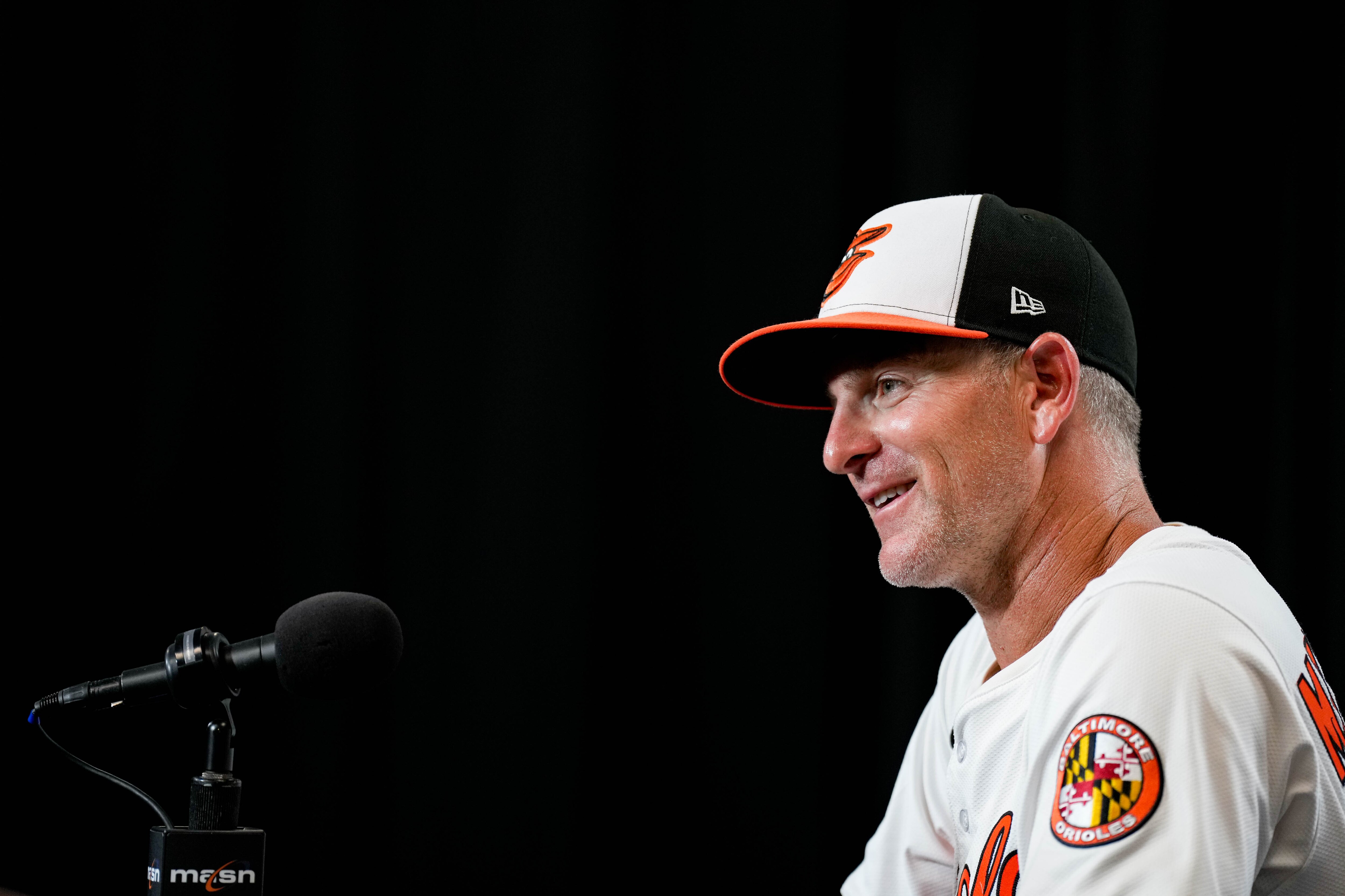 Baltimore Orioles interim manager Tony Mansolino takes questions from reporters following a loss to the Toronto Blue Jays at Oriole Park at Camden Yards in Baltimore, Md. on Wednesday, July 30, 2025.