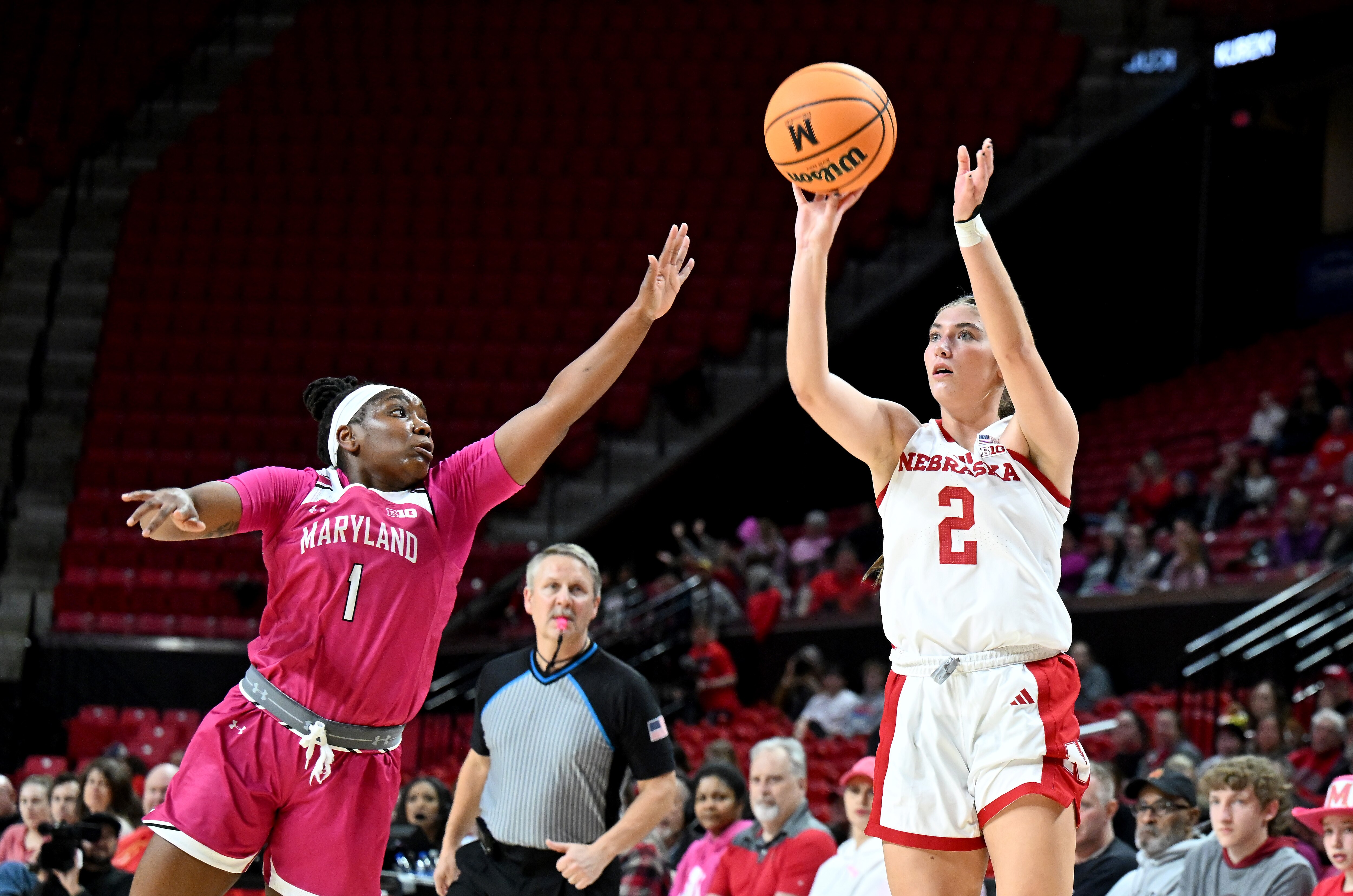 Logan Nissley of Nebraska shoots against Maryland’s Sarah Te-Biasu during the first quarter Thursday in College Park.