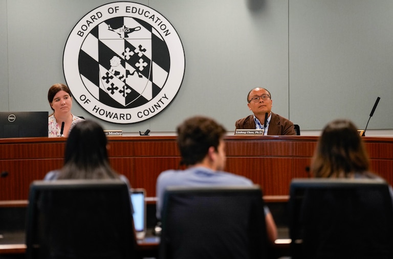 Board chair Jolene Mosley, district 3, and vice chair Dr. Linfeng Chen, county 2 at-large, attend a Howard County Board of Education Meeting at their headquarters in Ellicott City, Md. on Friday, May 9, 2025.