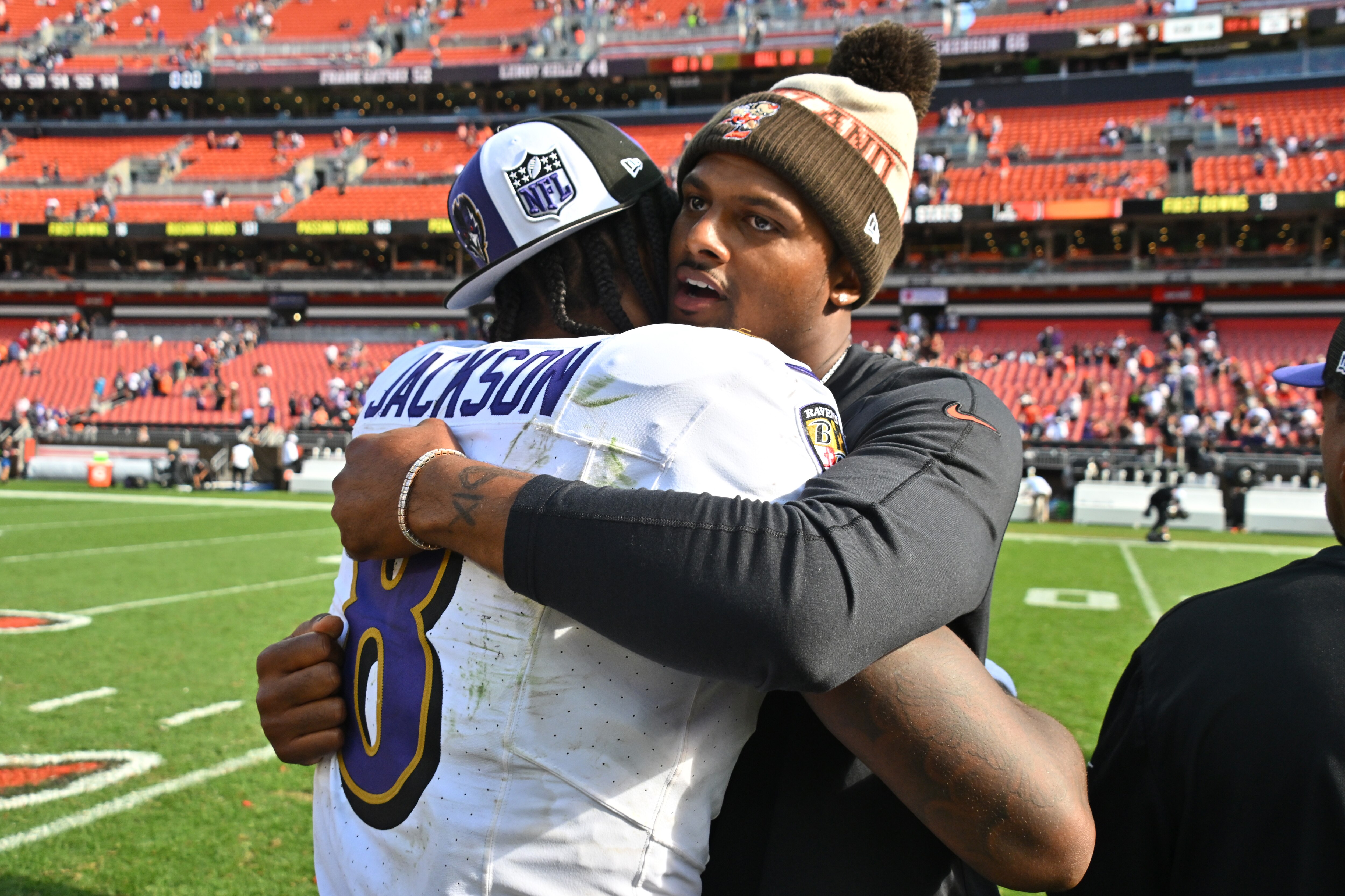 The Ravens' Lamar Jackson and the Browns' Deshaun Watson will match up Sunday in Baltimore.