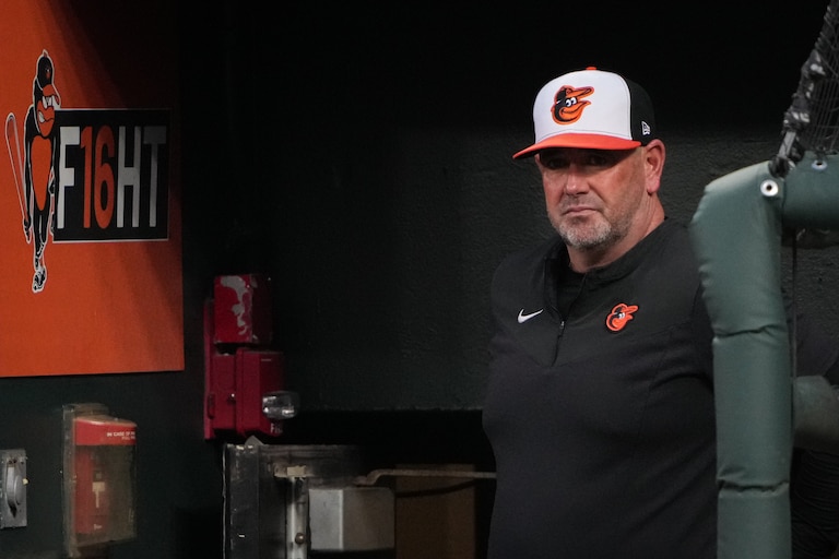 Baltimore Orioles manager Brandon Hyde watches the game from the dugout in a game against the Tampa Bay Rays in Baltimore on Monday, May 8. The Rays and Orioles played the first game of a series on Monday.
