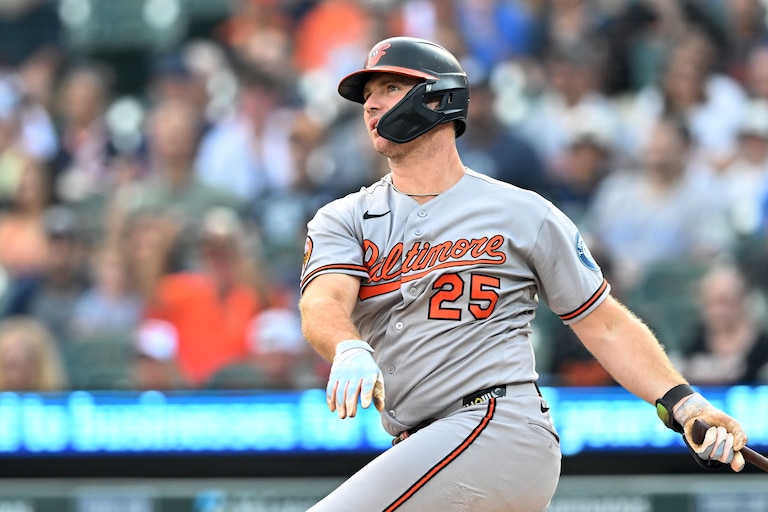 Orioles' Pete Alonso watches his double during the first inning of a game against the Detroit Tigers on July 27.