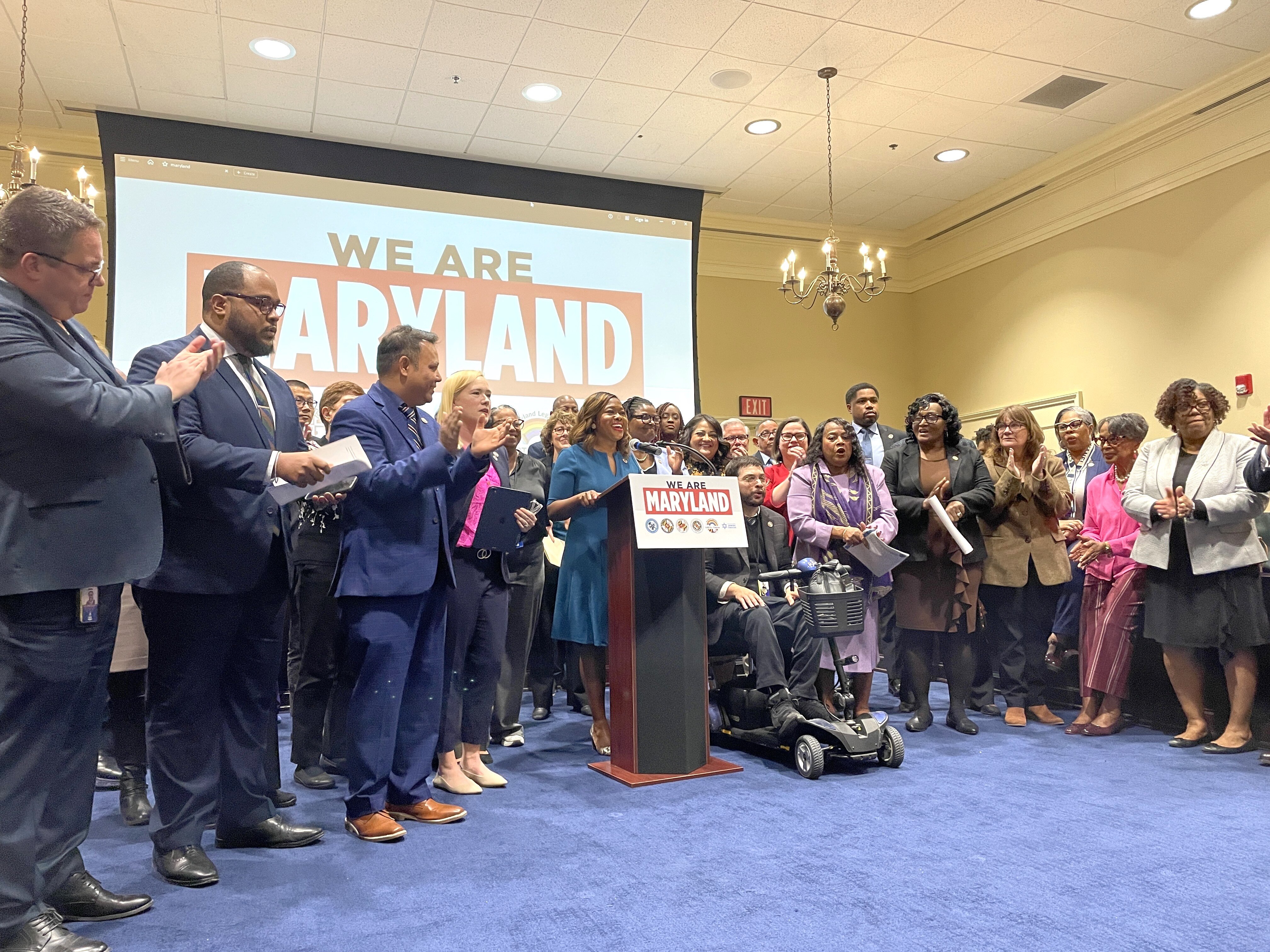 Members of six different "ethnic and intersectional" caucuses in the General Assembly applaud Del. Jheanelle Wilkins, chair of the Legislative Black Caucus of Maryland, during a press conference in Annapolis on Monday, March 10, 2025. For the first time, the caucuses joined together to decry attacks on diversity and push to get their priority bills passed.