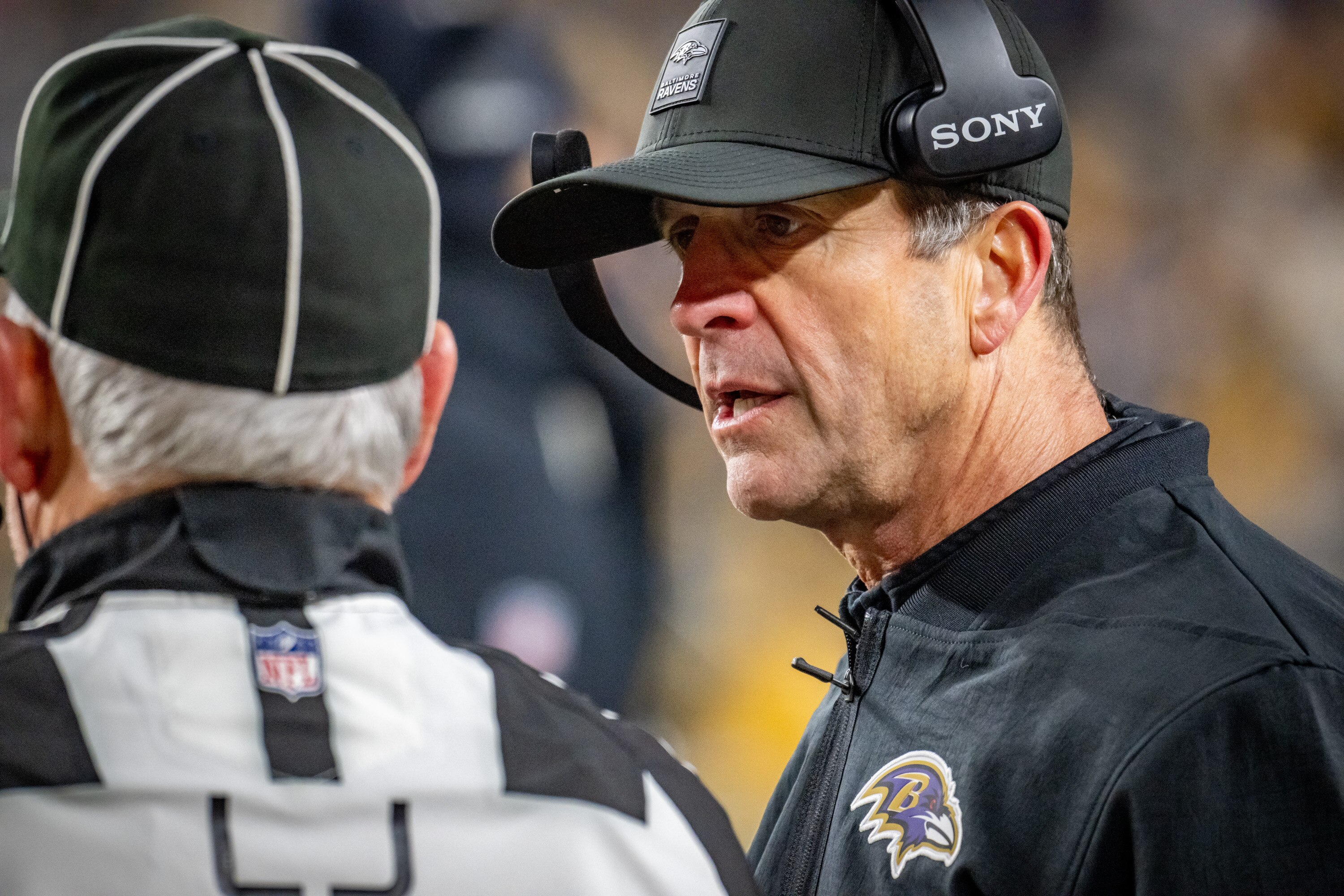 Baltimore Ravens head coach John Harbaugh expresses frustration with a referee in the fourth quarter of Sunday’s game against the Pittsburgh Steelers.