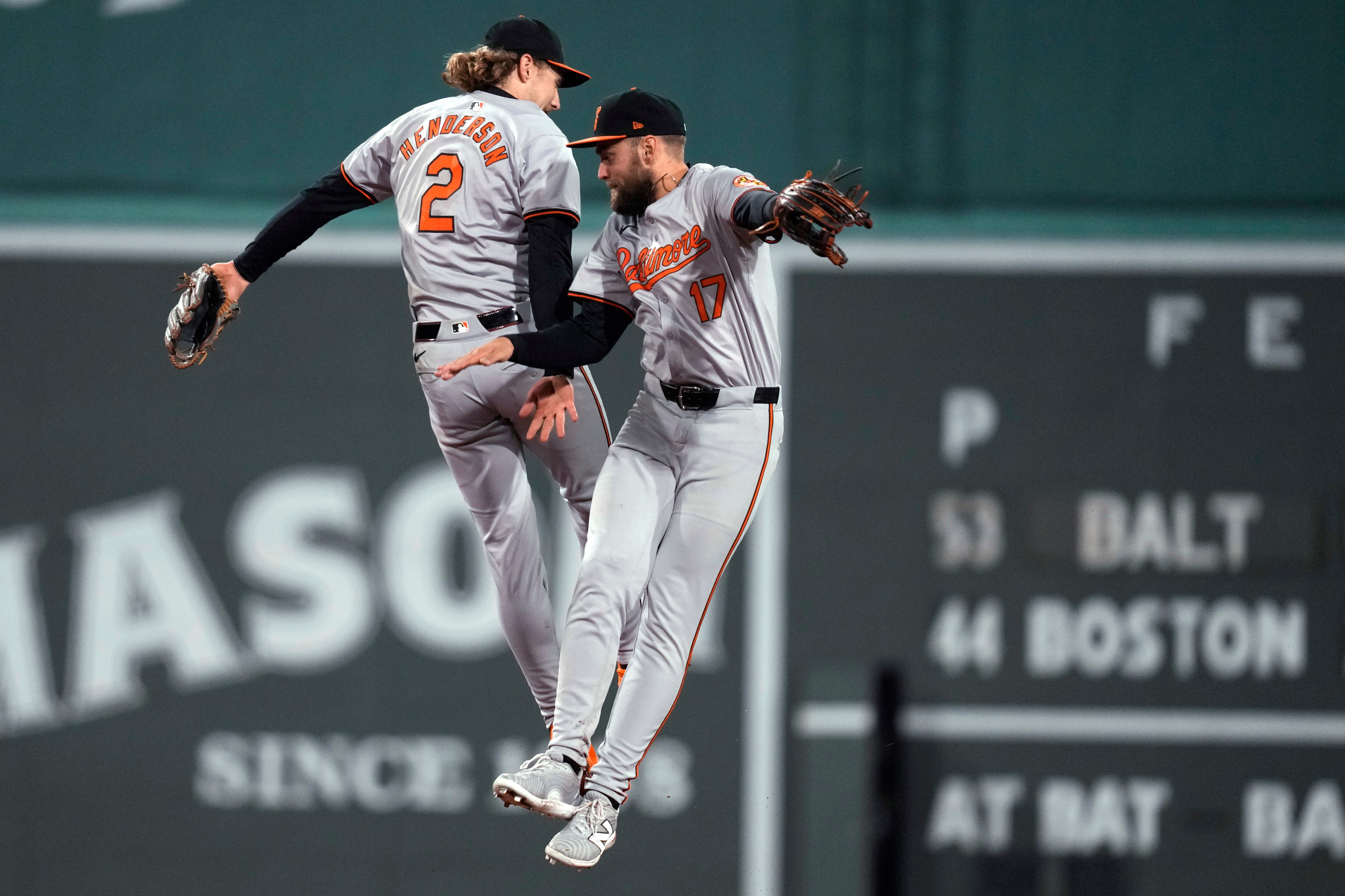 Orioles shortstop Gunnar Henderson and outfielder Colton Cowser celebrate after a win at Boston in April.