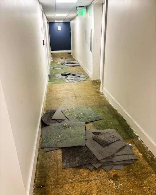 The carpeting on the 10th floor of the Berkshires at Town Center Apartments in Towson was ripped up following a fire on Jan. 19.