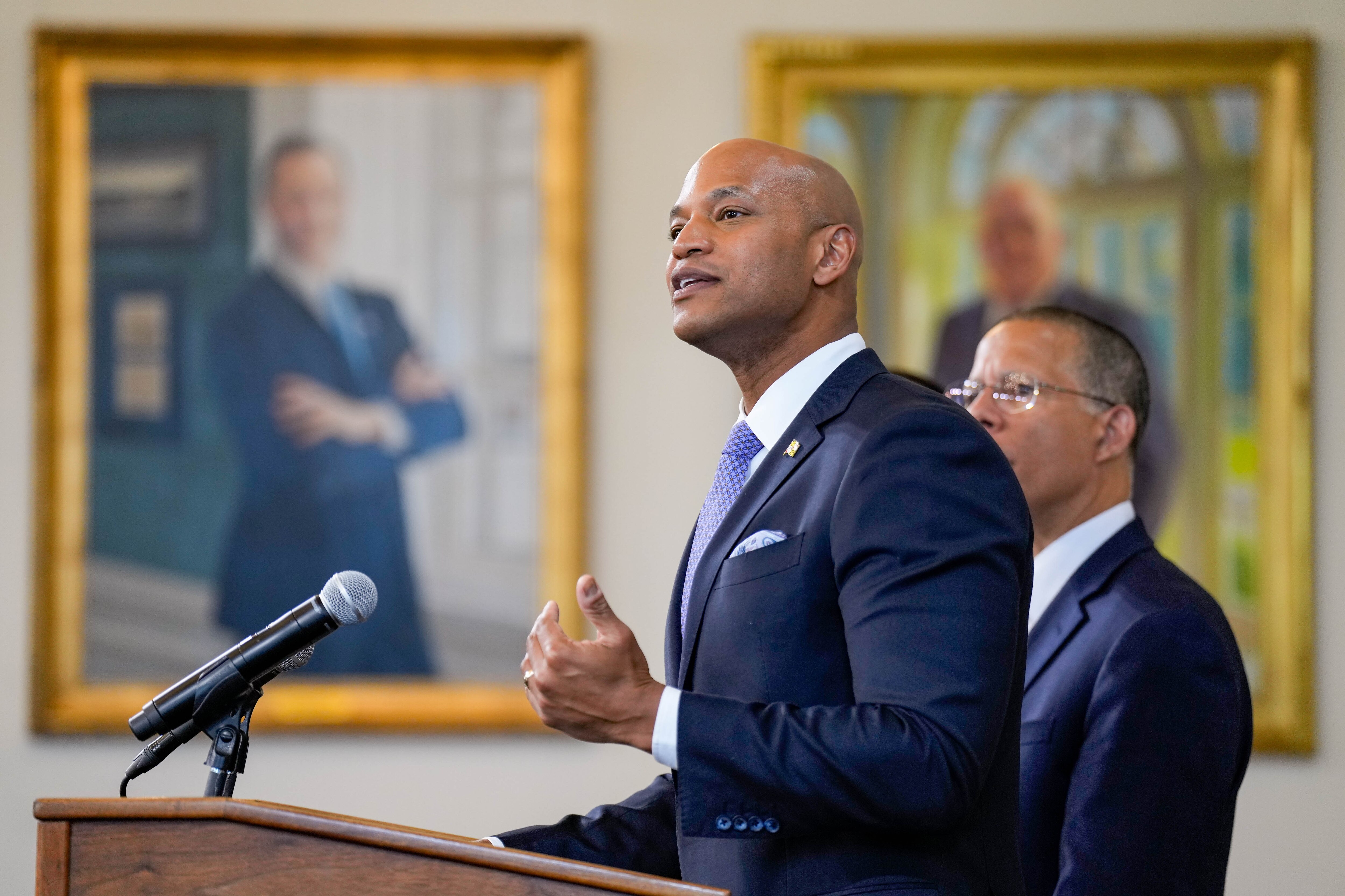 Gov. Wes Moore takes questions from reporters on Maryland’s sweeping audit of police-custody deaths during a news conference at the Maryland State House in Annapolis, Md. on Thursday, May 15, 2025.