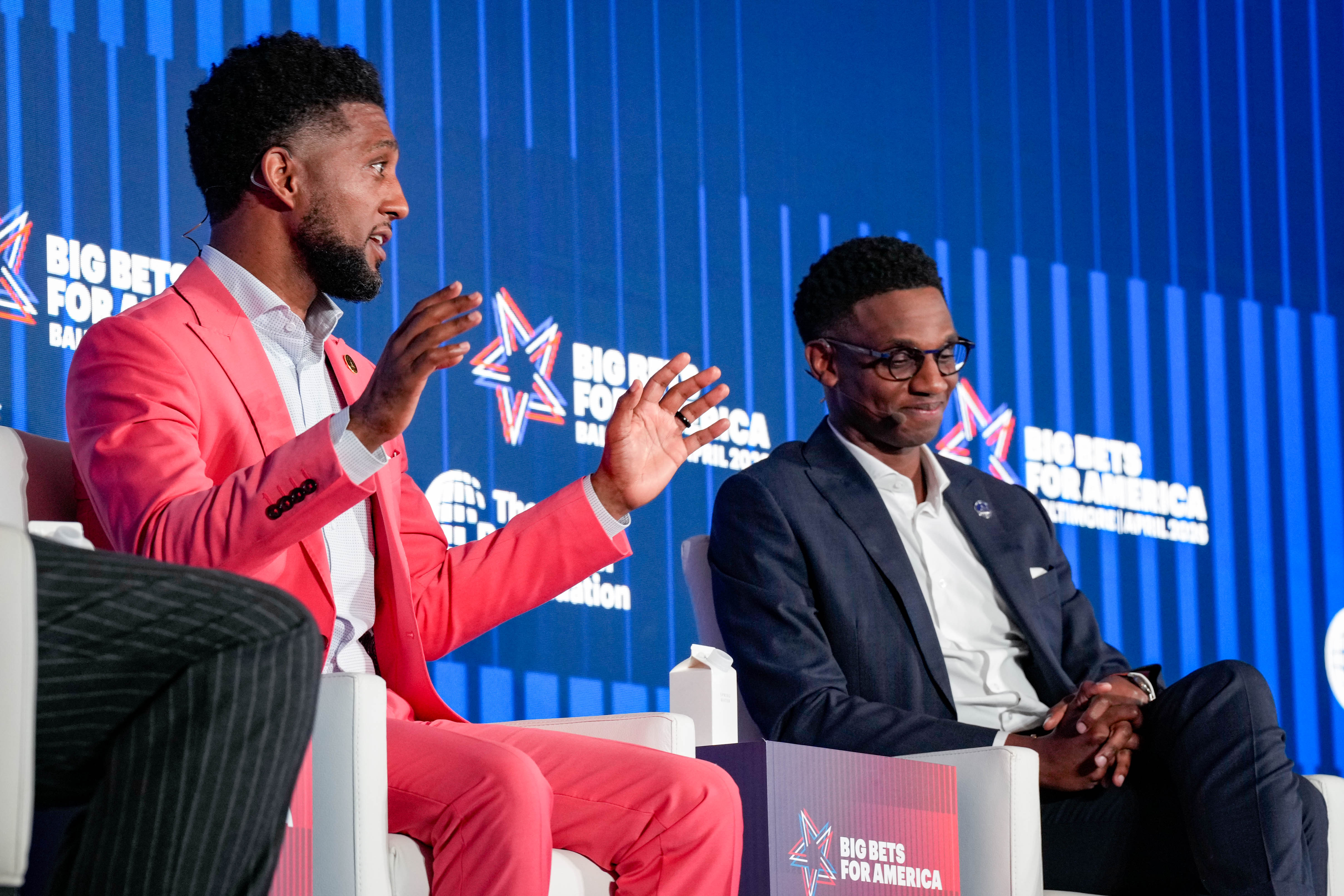 Baltimore City Mayor Brandon Scott, left, and Cleveland Mayor Justin Bibb take part in a panel at a Big Bets For America event in Baltimore earlier this month.