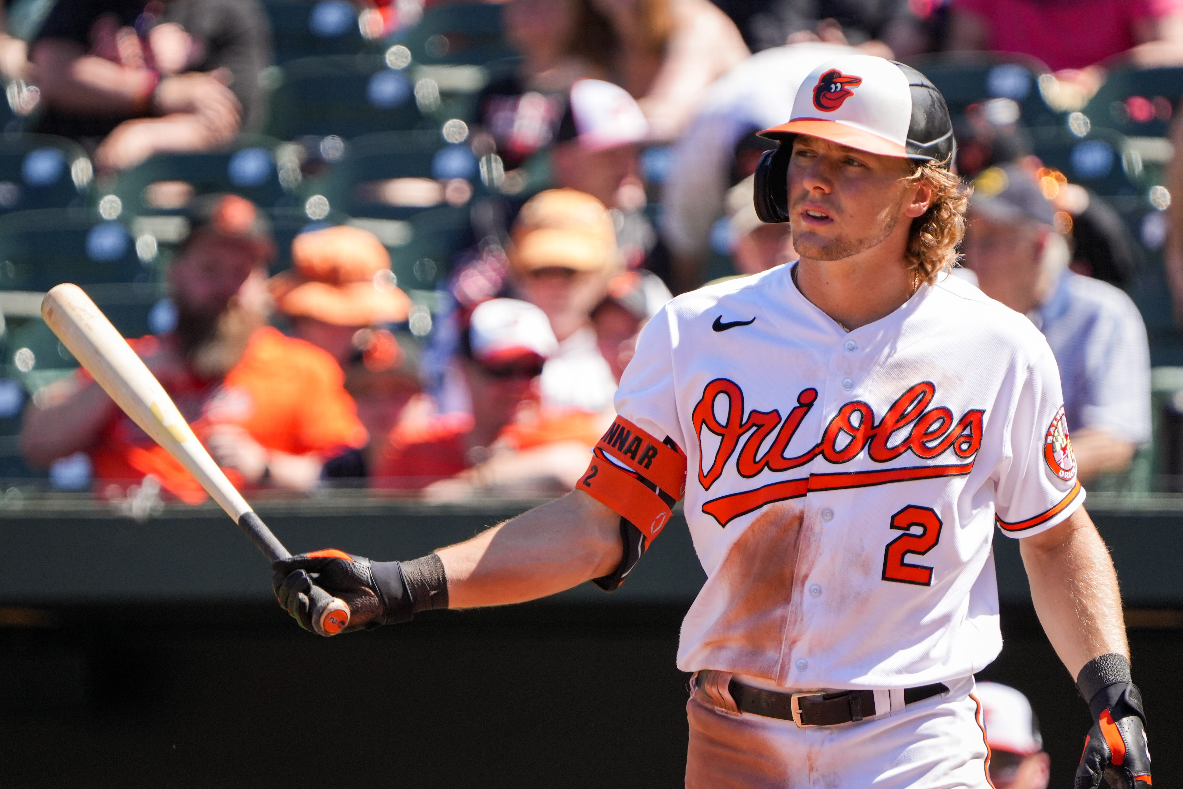 Baltimore Orioles shortstop Gunnar Henderson (2) gets ready to swing in a baseball game against the Oakland Athletics held at Camden Yards on Wednesday, April 12. The Orioles beat the Athletics, 8-7, to win the series.