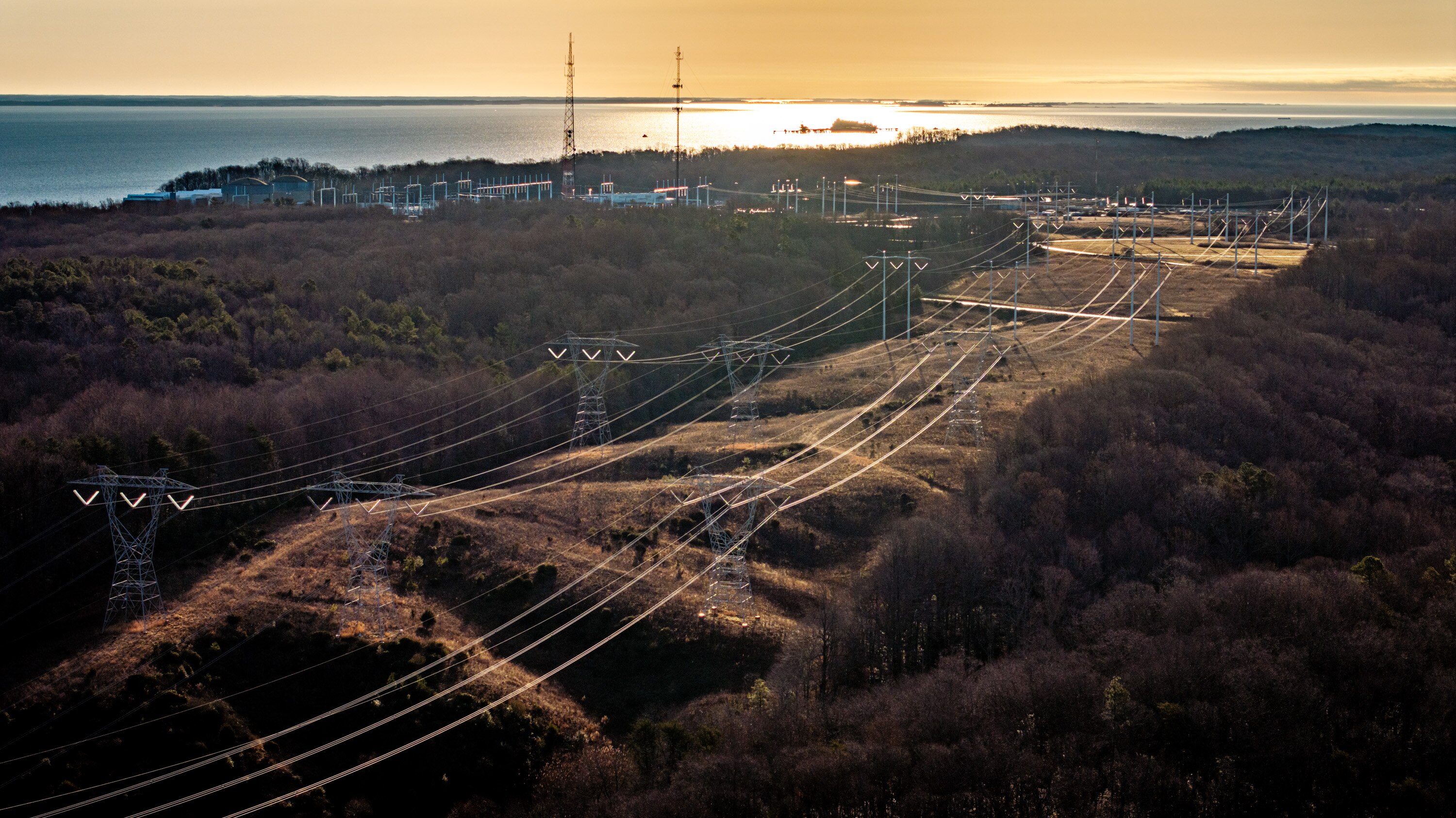 Transmission lines travel north from Calvert Cliffs Clean Energy Center, Constellation’s nuclear power plant in Lusby, Maryland.