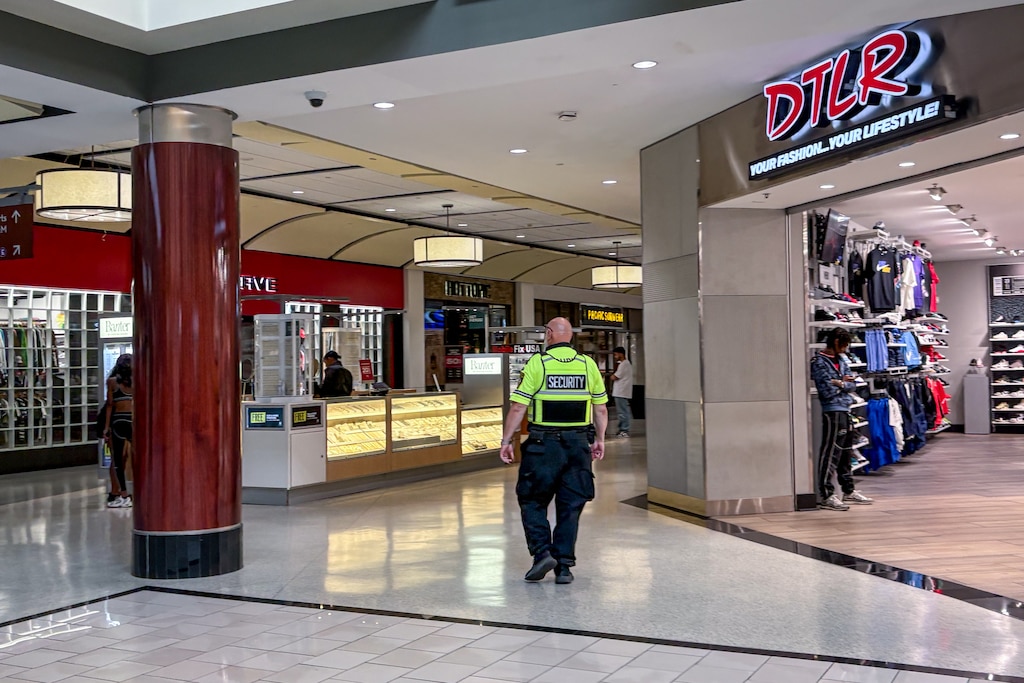A security guard walks through the nearly empty Towson Town Center mall in Towson, MD.