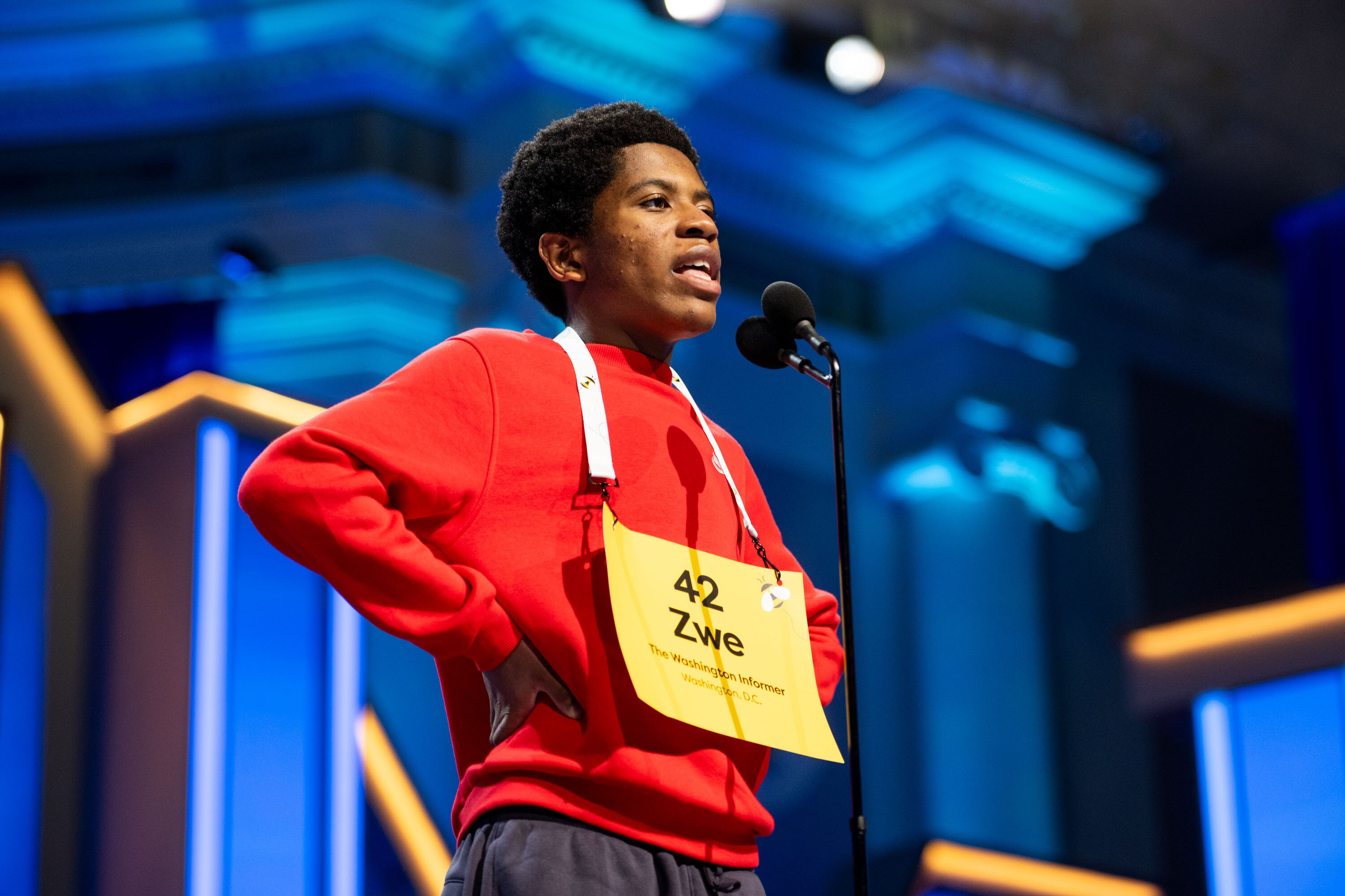 Washington, DC - May 27: Speller 42, Zwe Spacetime of Washington, D.C., representing Ralph Ellison Homeschool, competes in the Semifinal Round of the 2026 Scripps National Spelling Bee in Washington, DC on Wednesday, May 27, 2026. Photo: Hannah Foslien/Scripps National Spelling Bee