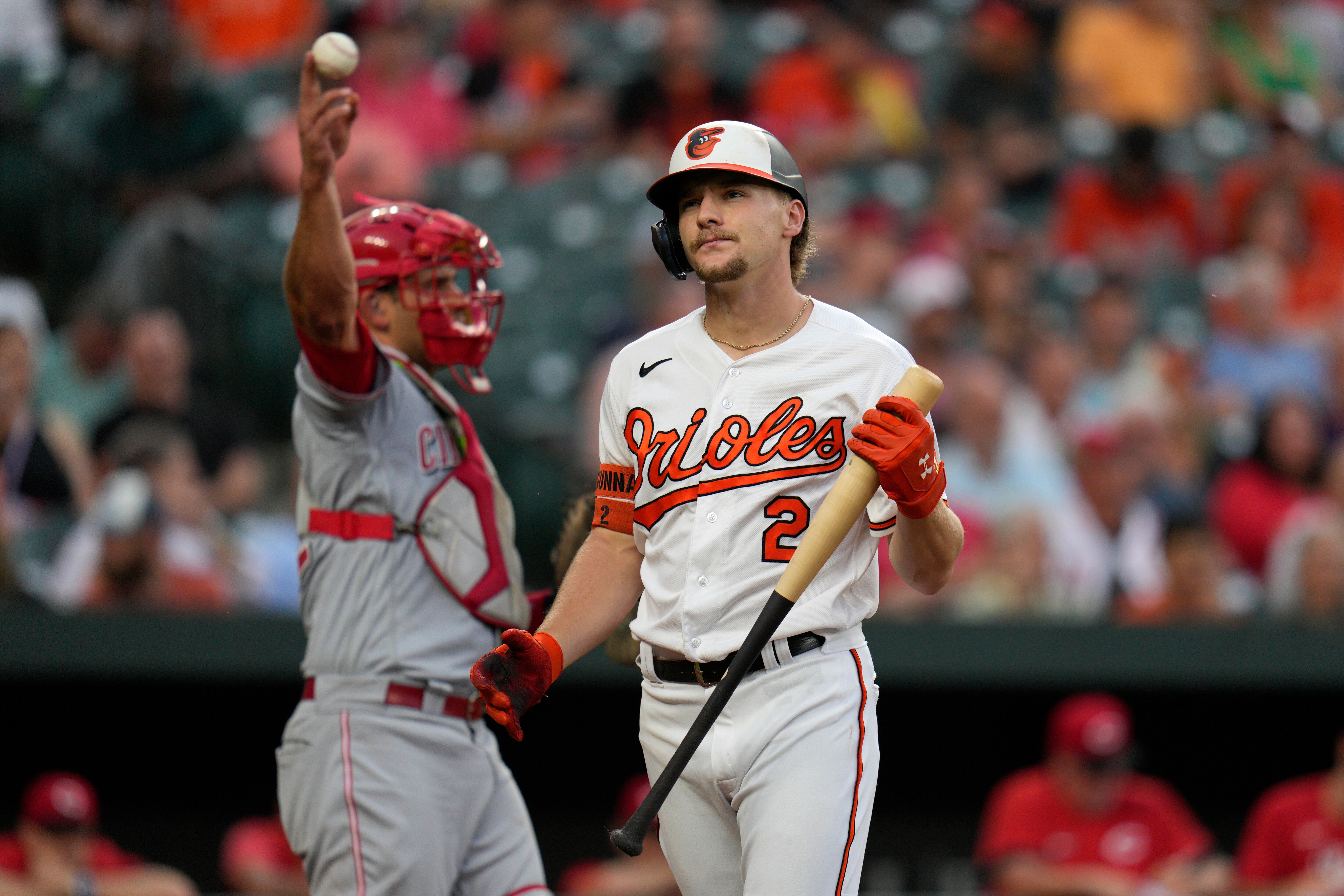 Gunnar Henderson #2 of the Baltimore Orioles reacts after striking out during the third inning against the Cincinnati Reds at Oriole Park at Camden Yards on June 27, 2023 in Baltimore, Maryland.