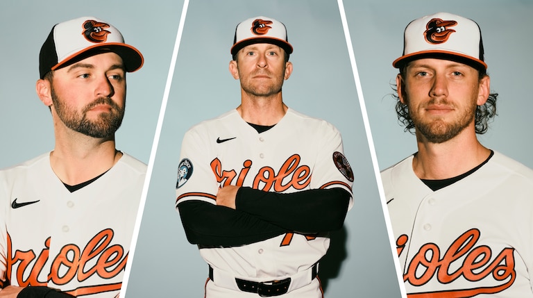 From left, Baltimore Orioles assistant pitching coach Mitch Plassmeyer, pitching coach Drew French, and pitching strategy coach Ryan Klimek.