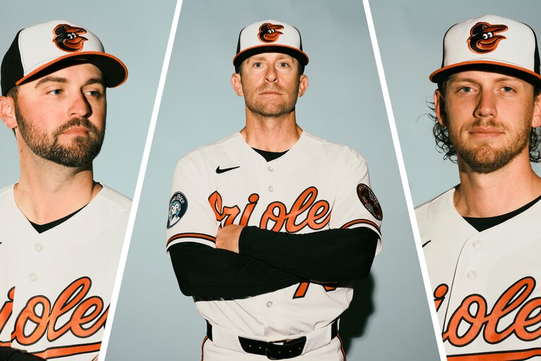 From left, Baltimore Orioles assistant pitching coach Mitch Plassmeyer, pitching coach Drew French, and pitching strategy coach Ryan Klimek.