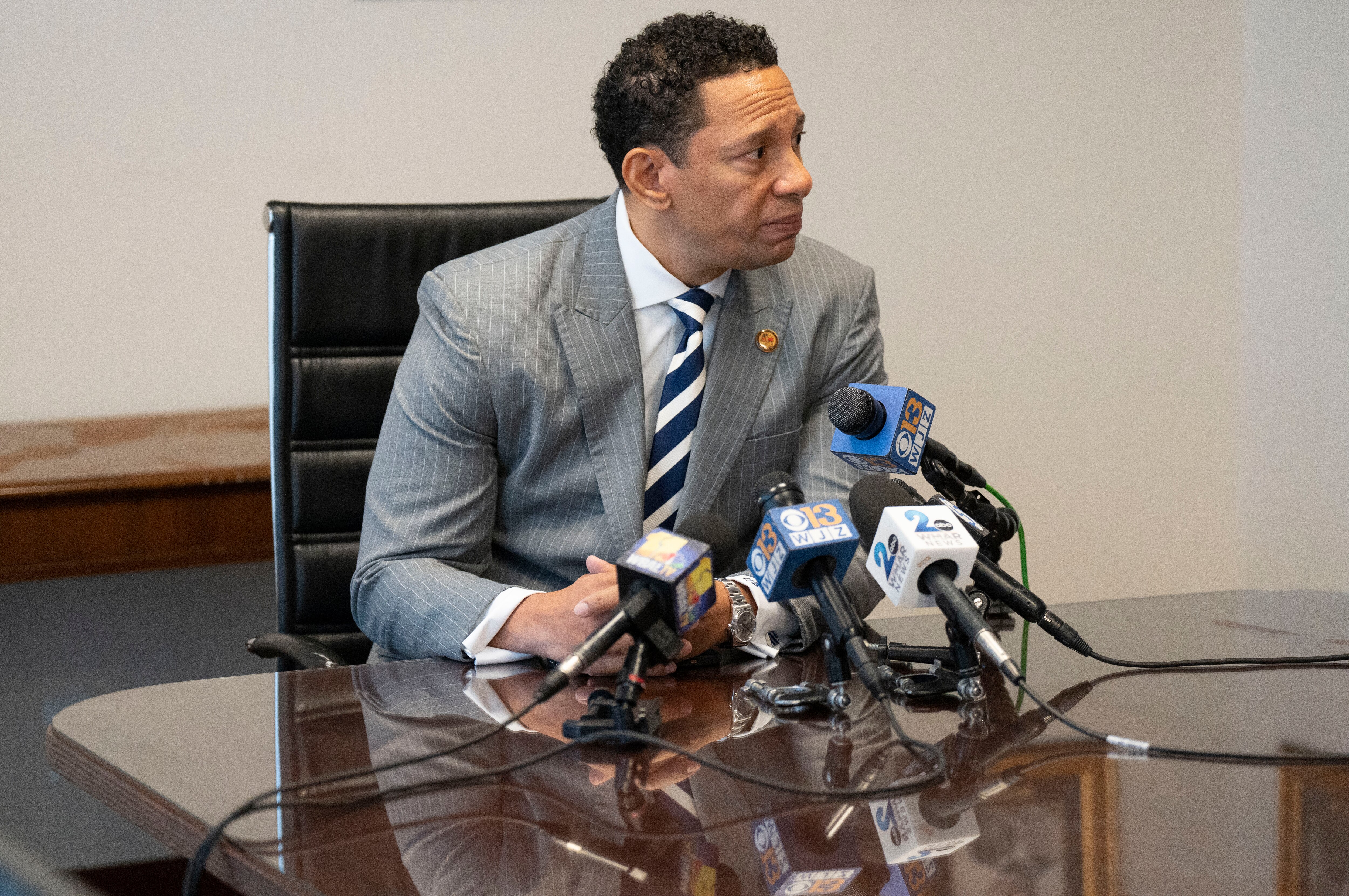 Baltimore State's Attorney Ivan Bates answers questions from reporters at about the decision to drop the murder case against Keith Davis Jr., at his office in Baltimore, Friday, January 13, 2023.