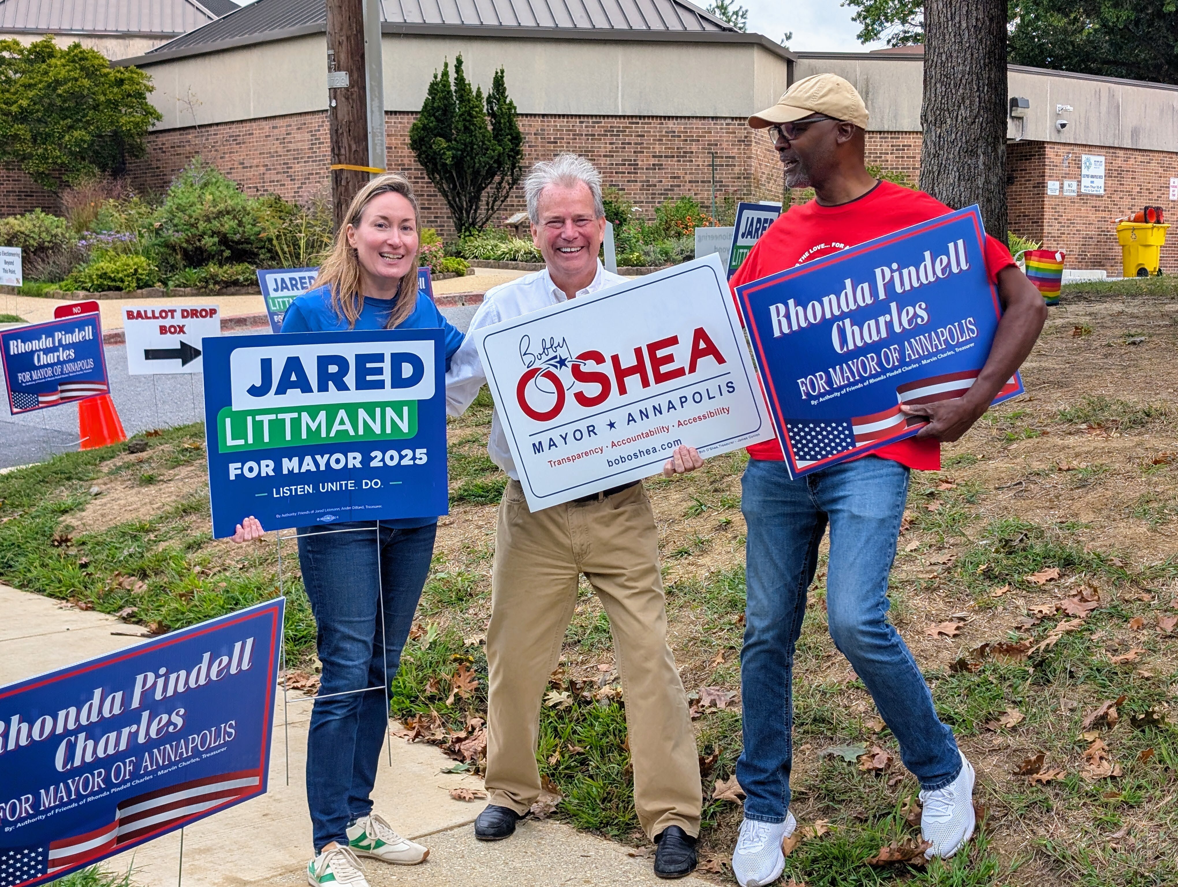 Bob O'Shea, the Republican candidate for mayor in Annapolis, was out sign-waving early on Sept. 16, 2025, even though he's not on the ballot until November. He was at the Eastport Annapolis Neck Library with Courtney Spangler and Marvin Charles. Charles' wife, Alderwoman Rhonda Pindell Charles, faces former alderman Jared Littmann in the Democratic primary.