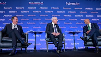 WASHINGTON, DC - FEBRUARY 18: David Rubenstein (C) interviews Maryland Gov. Wes Moore (R) and Oklahoma Gov. Kevin Stitt (L) at the Economic Club on February 18, 2026 in Washington, DC. As Chair and Vice Chair of the National Governors Association, Stitt and Moore discussed the NGA’s bipartisan “Reigniting the American Dream” initiative. (Photo by Heather Diehl/Getty Images)