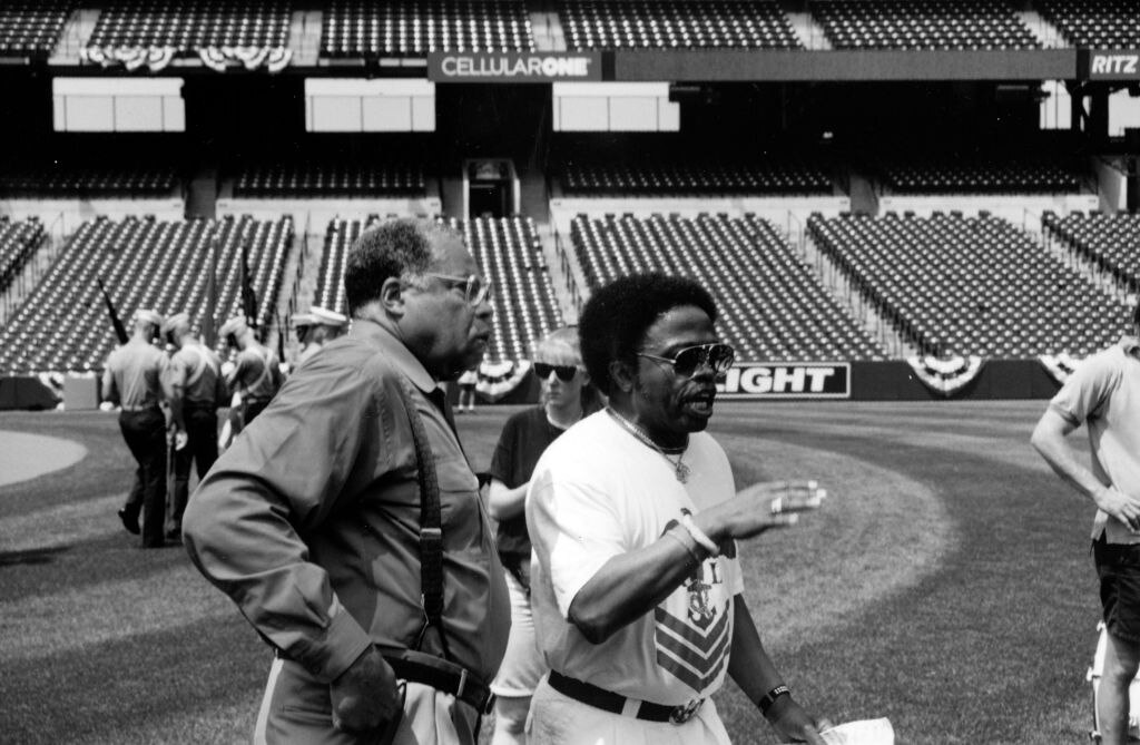 James Earl Jones (left) and Nathan Carter, director of the Morgan State University choir, prepare to perform the national anthem at the 1993 All-Star Game at Camden Yards.