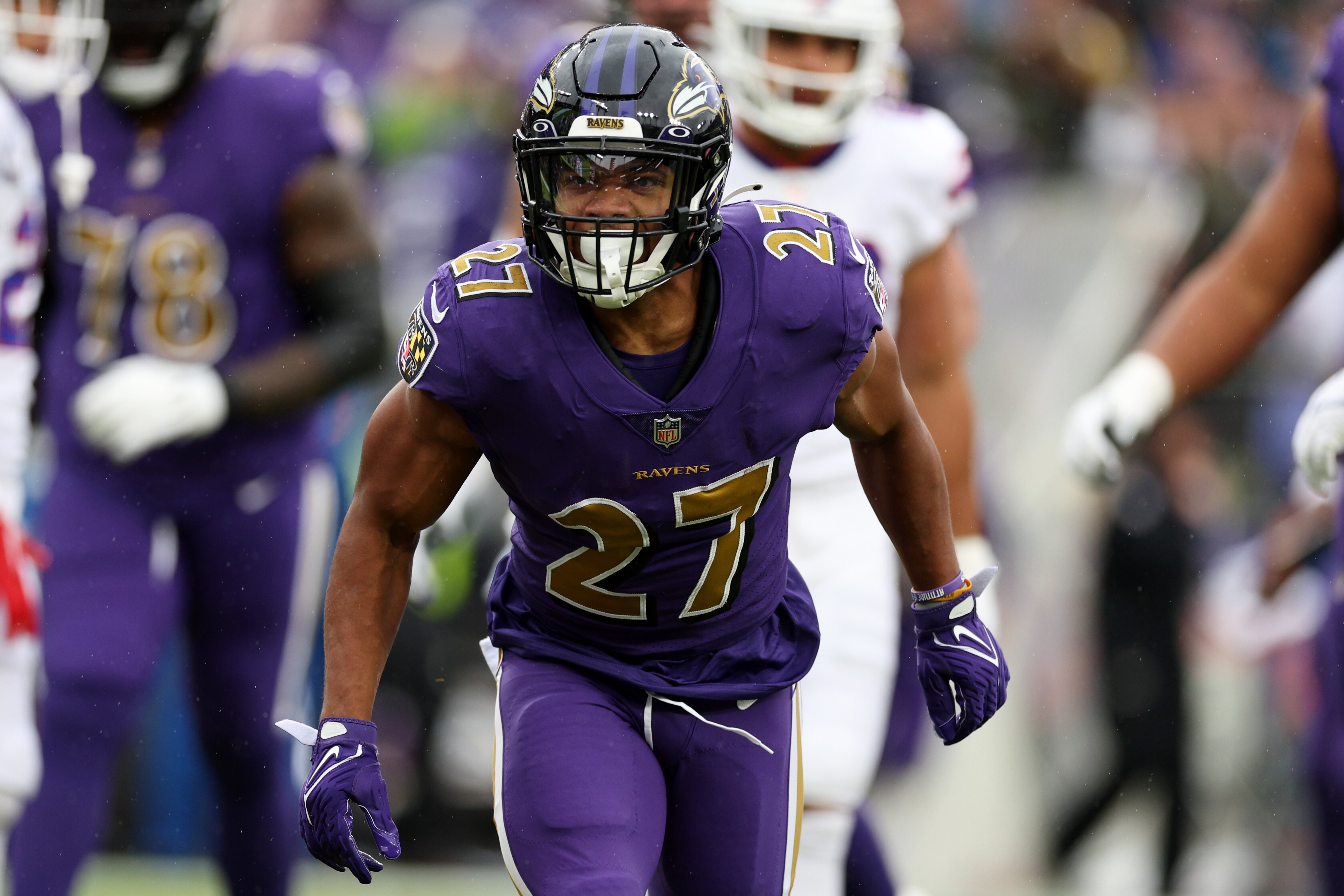 J.K. Dobbins #27 of the Baltimore Ravens celebrates after scoring a touchdown in the first quarter against the Buffalo Bills at M&T Bank Stadium on Oct. 2, 2022, in Baltimore.