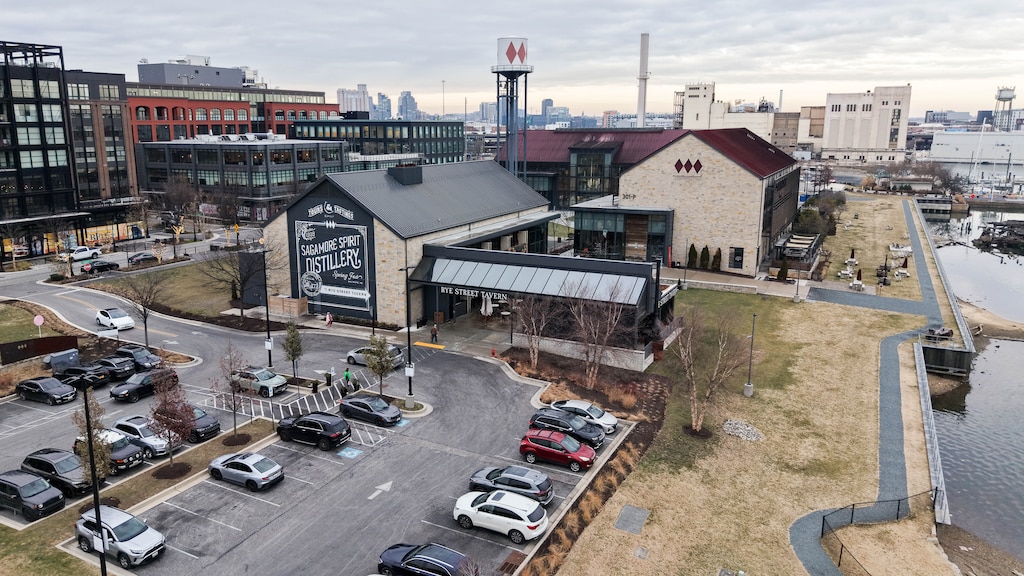 Aerial view of the Sagamore Spirit Distillery, which includes the Rye Street Tavern, on Baltimore Peninsula in Baltimore, Md. on Thursday, December 18, 2025.