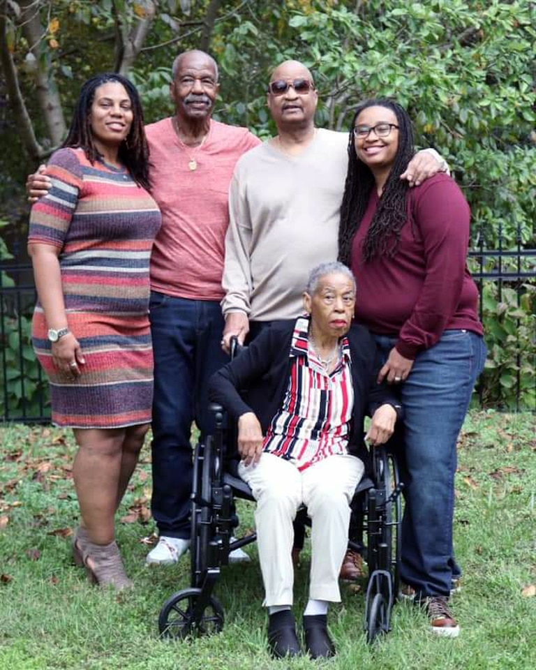 P Nut with his family. From left, daughter-in-law Shadia, father Iris Sr., P Nut, mother Martha, seated, and daughter Lucy.