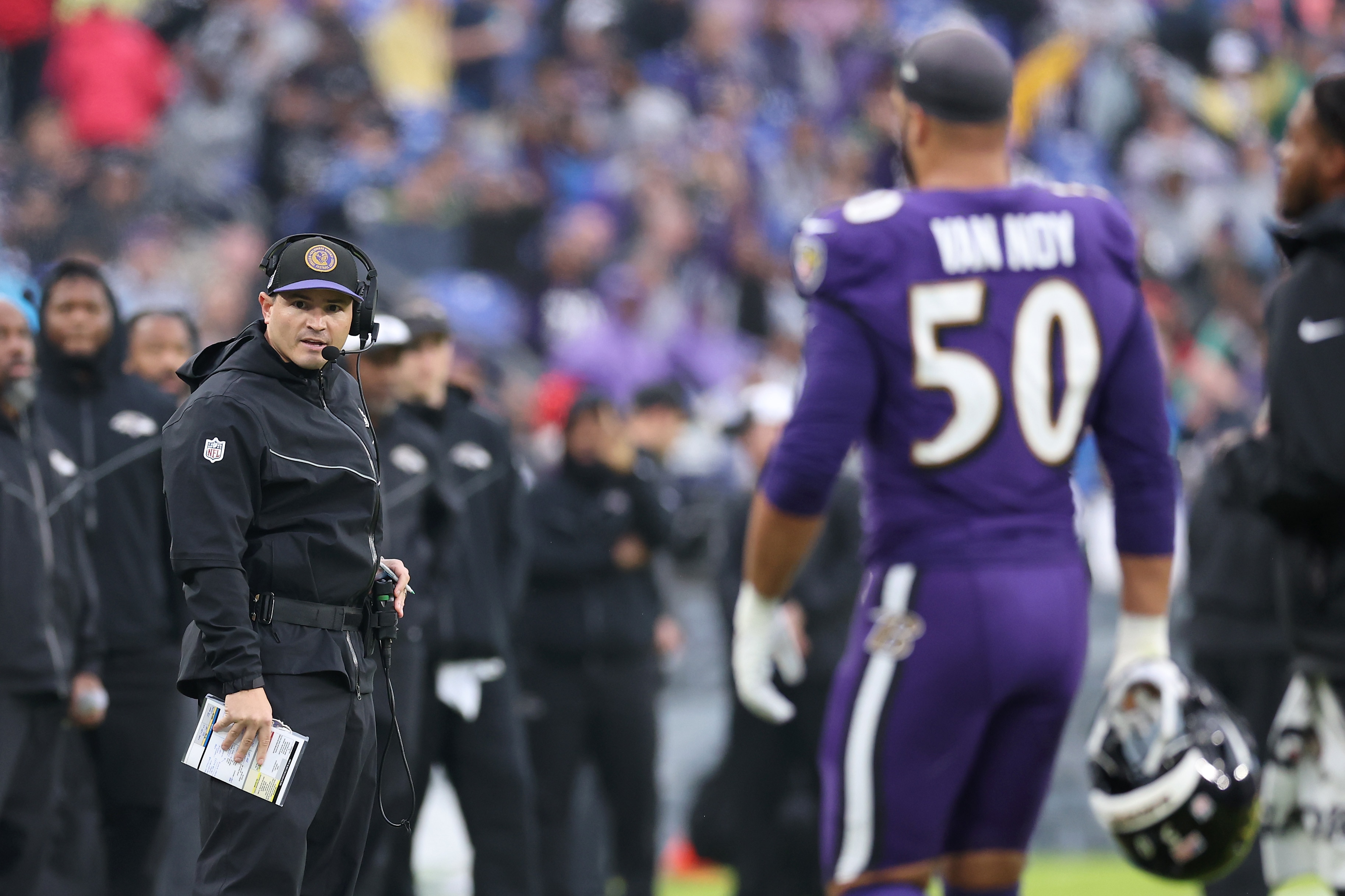 Defensive coordinator Mike Macdonald of the Baltimore Ravens looks on during the first half in the game against the Los Angeles Rams at M&T Bank Stadium on Dec. 10, 2023 in Baltimore, Maryland.