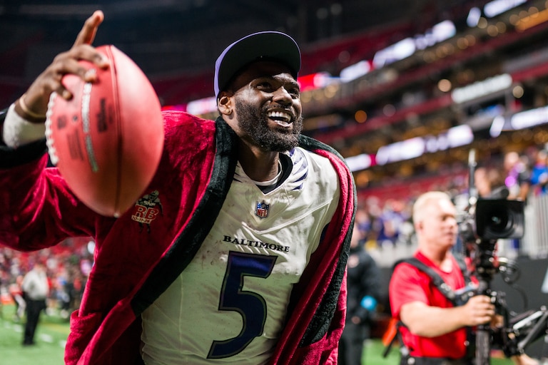 Baltimore Ravens quarterback Tyler Huntley (5) walks off the field after an NFL football game against the Atlanta Falcons in Atlanta, Sunday, Oct. 11, 2026.