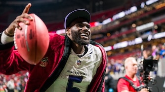 Baltimore Ravens quarterback Tyler Huntley (5) walks off the field after an NFL football game against the Atlanta Falcons in Atlanta, Sunday, Oct. 11, 2026.