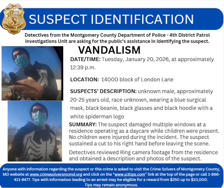 A release from police on a suspect they're seeking information on regarding reports of vandalism in Rockville.