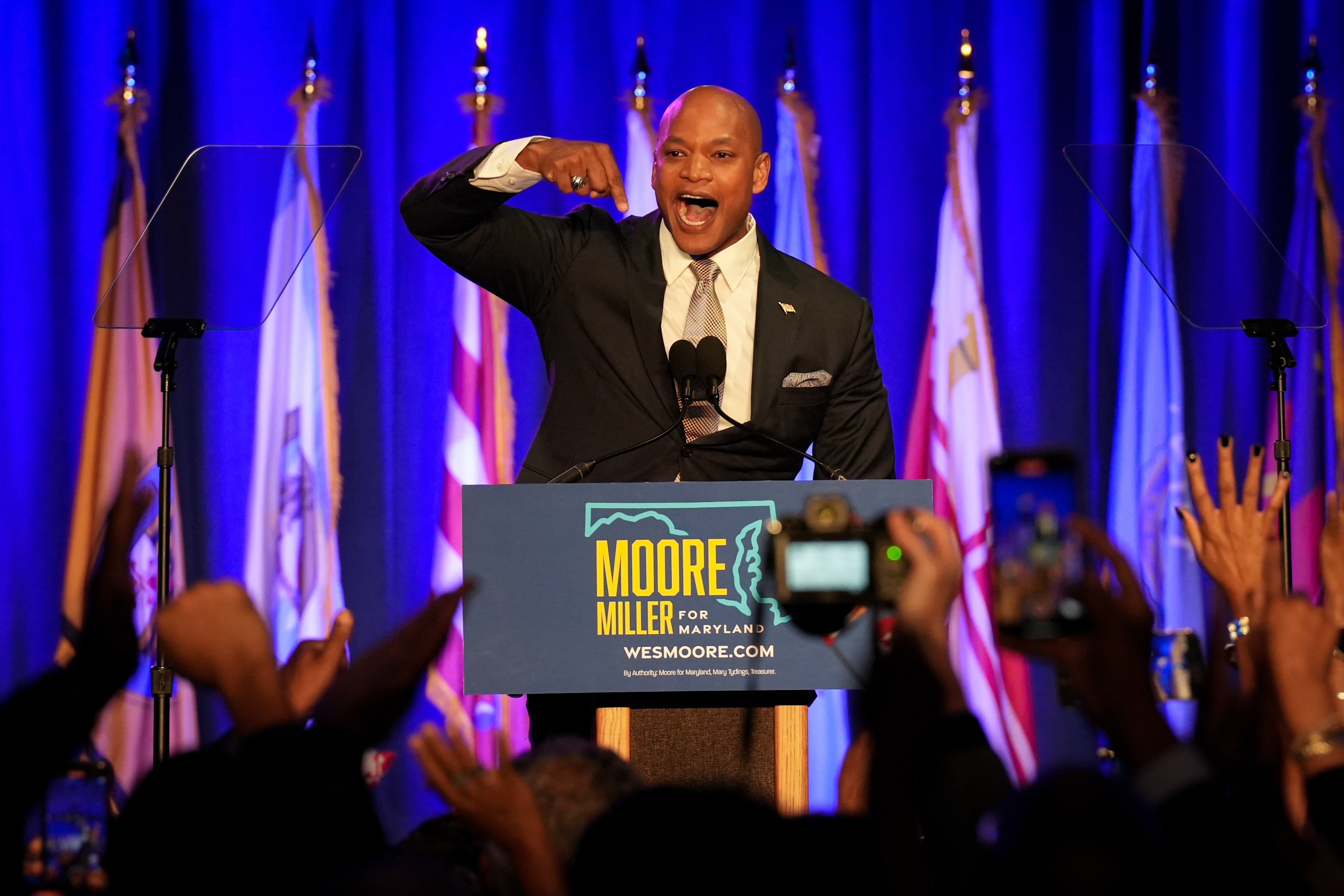Democratic gubernatorial candidate Wes Moore gives his victory speech at an Election Night event at the Baltimore Marriott Waterfront on Tuesday, November 8.